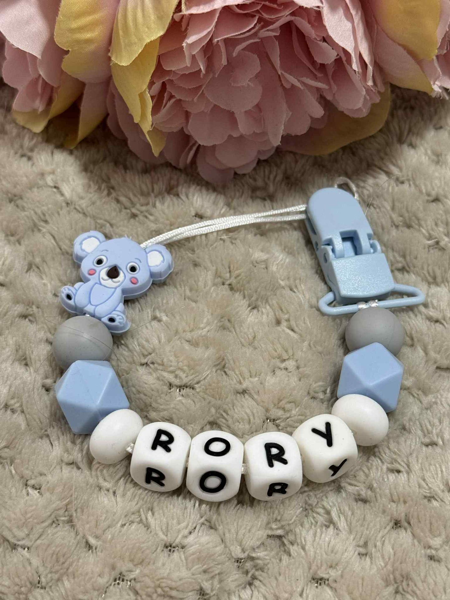 Blue Koala Dummy Clip - Custom Silicone Pacifier Holder (Silicone Letter Design)