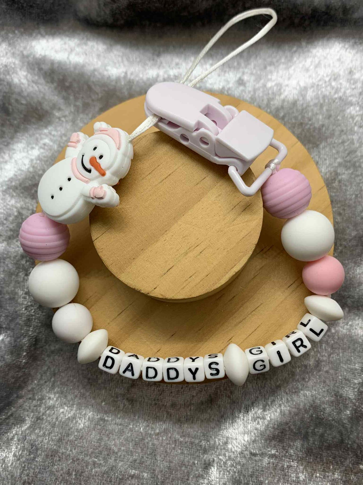 Daddy's Girl Pink Snowman Dummy Clip - Silicone Pacifier Holder (Plastic Letter Design)