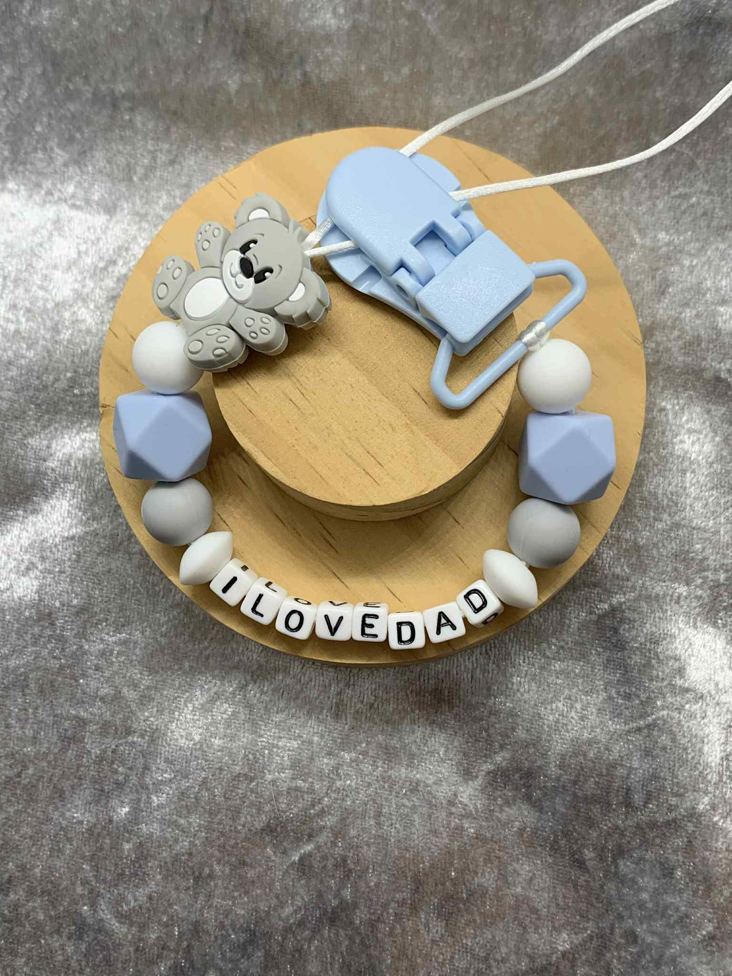 Personalised Teddy Bear Dummy Clip โ Grey & Dusty Blue (Small Plastic Letter Design)