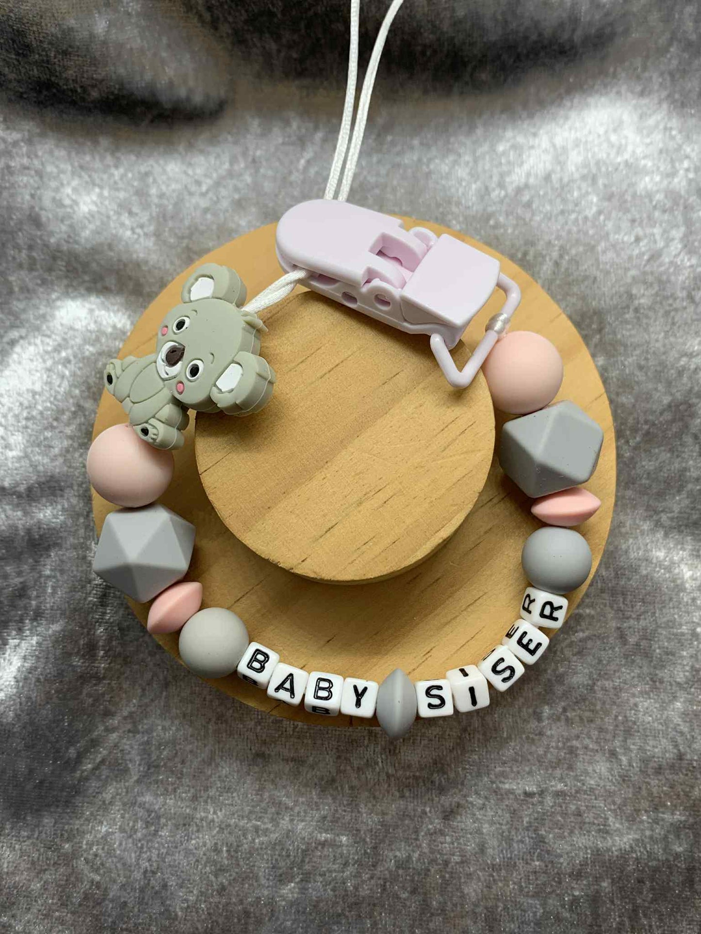 Baby Sister Koala Dummy Clip - Silicone Pacifier Holder (Plastic Letter Design)