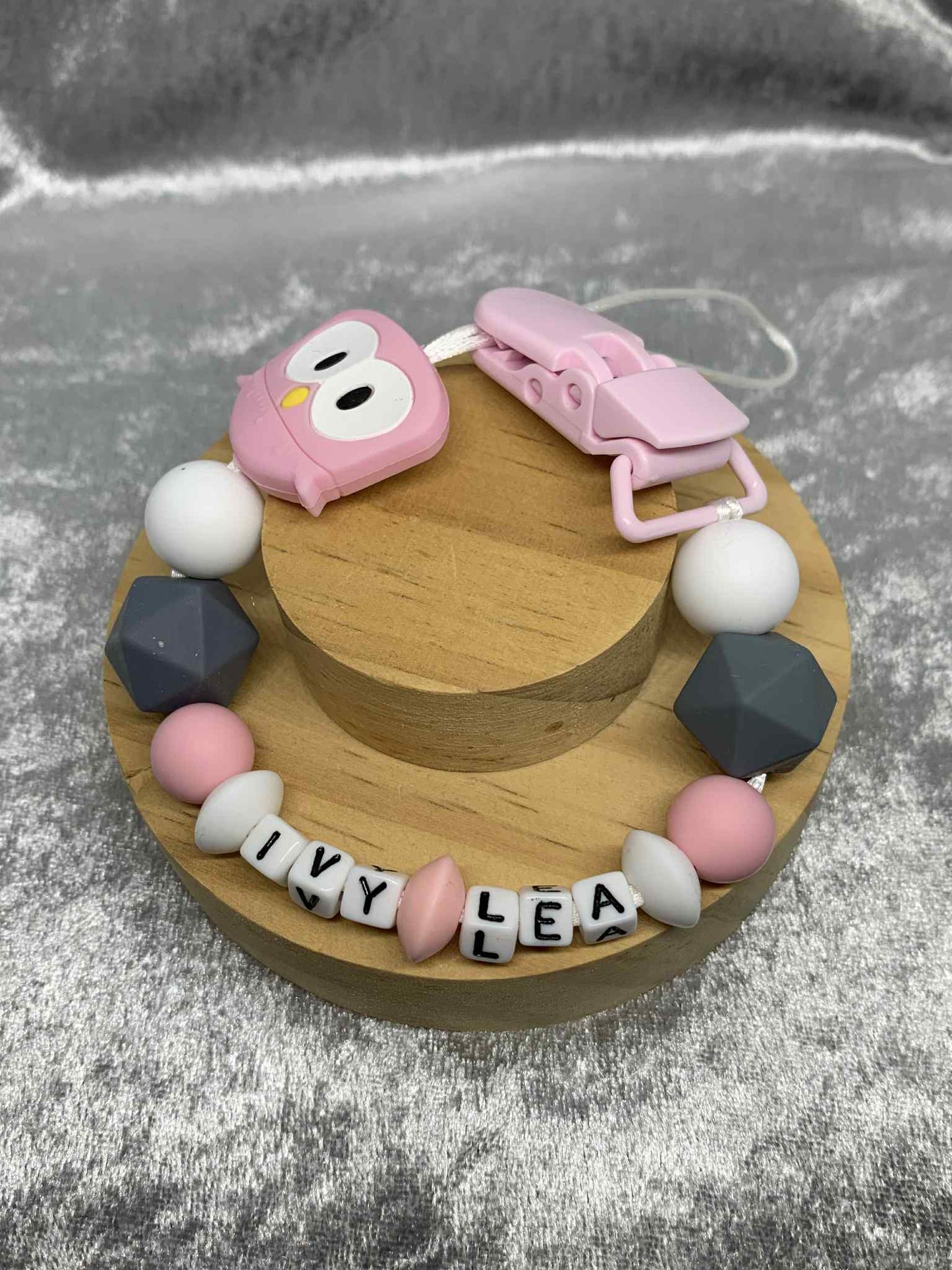 Pink Owl Dummy Clip - Custom Silicone Pacifier Holder (Plastic Letter Design)