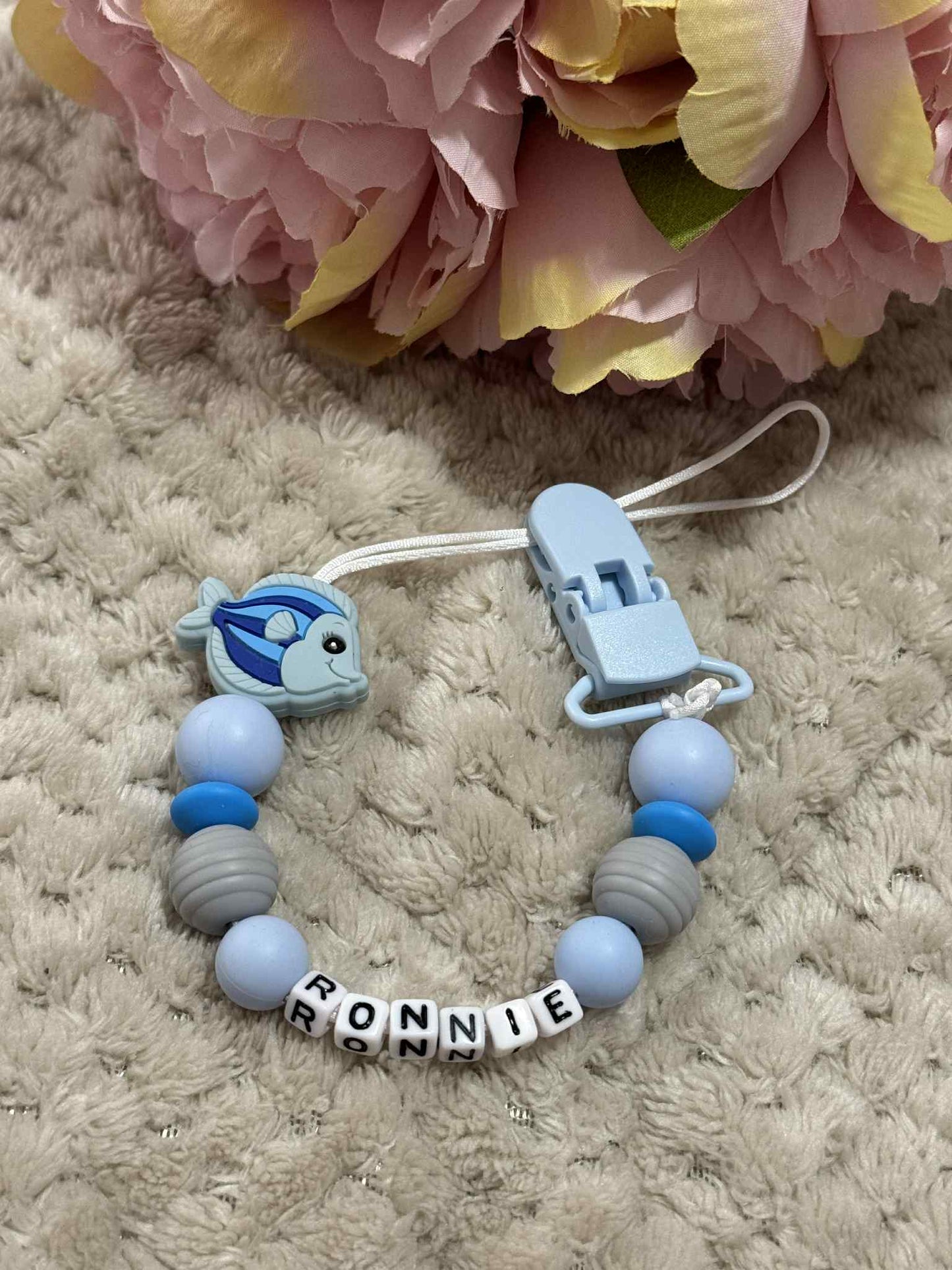 Blue Fish Dummy Clip - Custom Silicone Pacifier Holder (Plastic Letter Design)