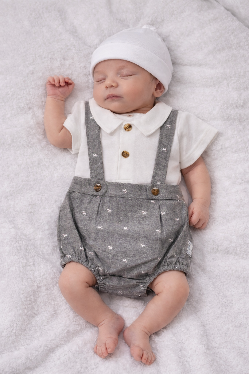 Baby wearing a white shirt with gold buttons and gray overalls on a soft surface