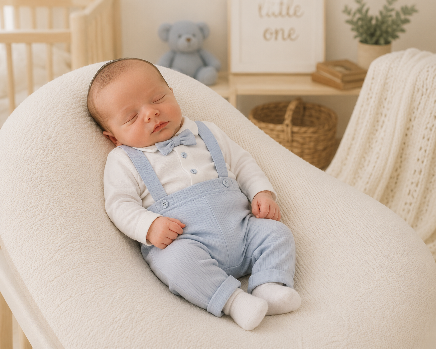 Newborn baby in a light blue outfit lying on a white cushion in a nursery.