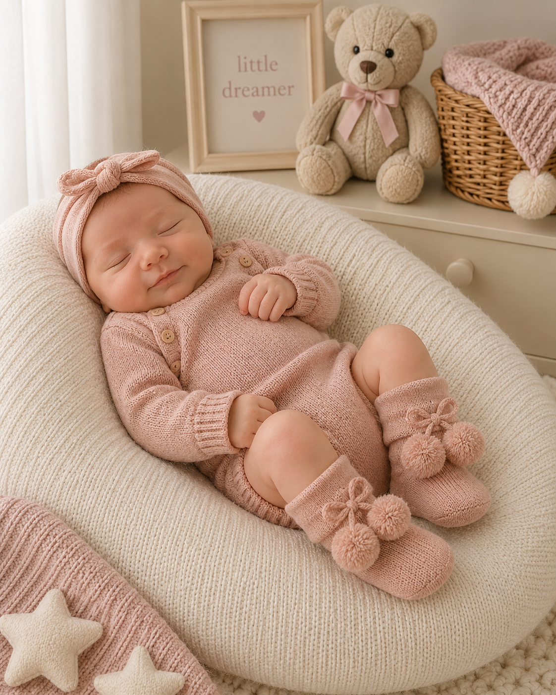 Newborn baby in pink outfit with matching headband and booties, surrounded by teddy bear and decorative items.