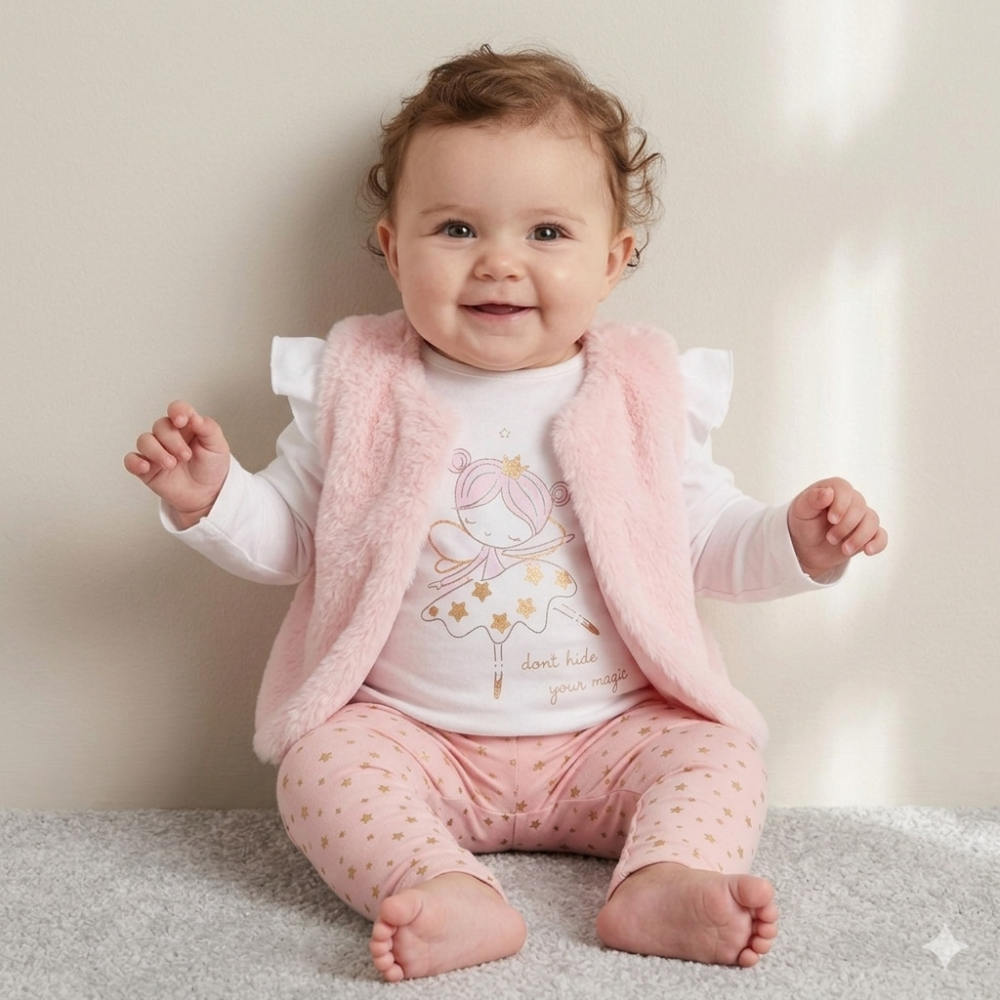 Baby girl sitting up smiling wearing a pink faux fur gilet over a white ballerina fairy print top with pink gold star leggings