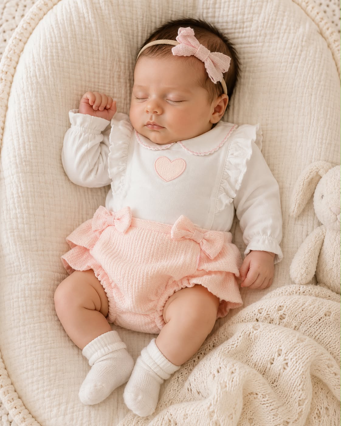 Baby girl wearing white frill bodysuit with heart embroidery and pink bow bloomers, Spanish style