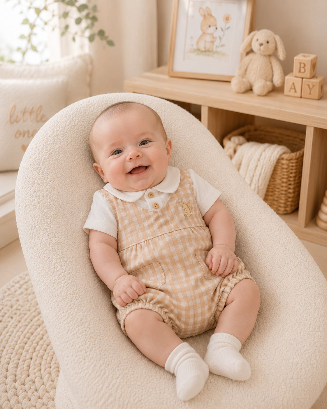 Baby Neutral Gingham Bubble Romper with Collar & Bunny Motif