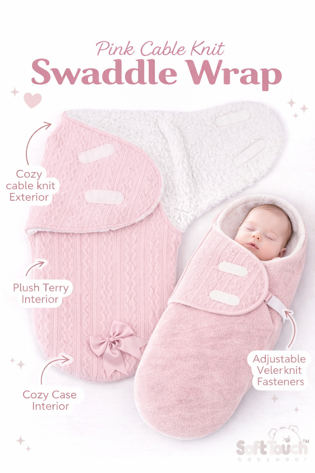 Pink cable knit swaddle wrap with baby sleeping inside on a white background