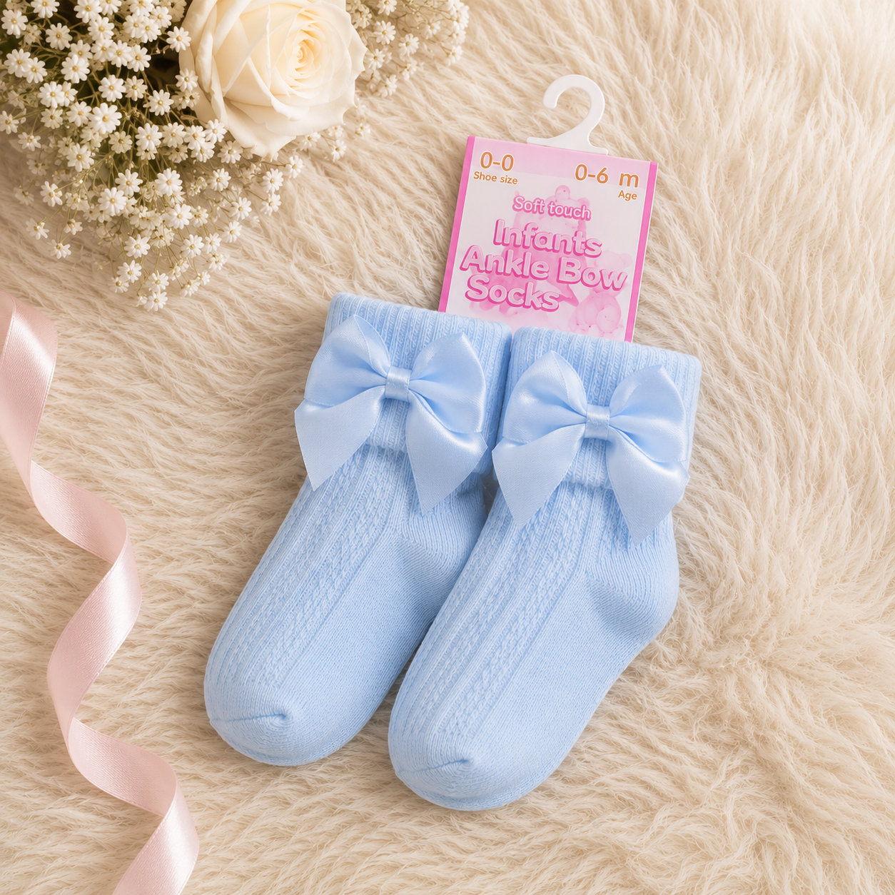 Pair of blue infants' ankle bow socks with packaging on a soft surface with flowers and ribbons.