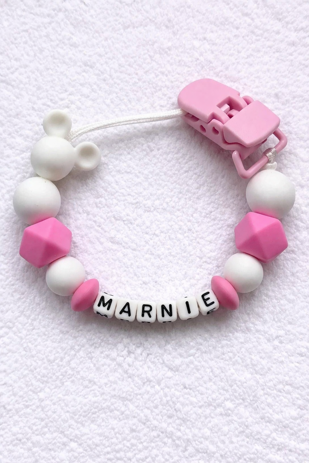Pink & White Minnie Mouse Personalised Dummy Clip – (Small Plastic Letter Design)
