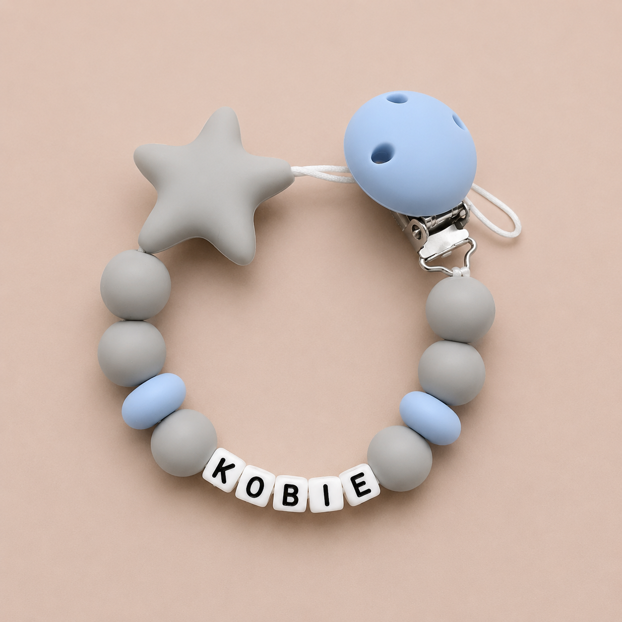 Personalised Grey & Blue Star Dummy Clip (Small Plastic Letter Design)