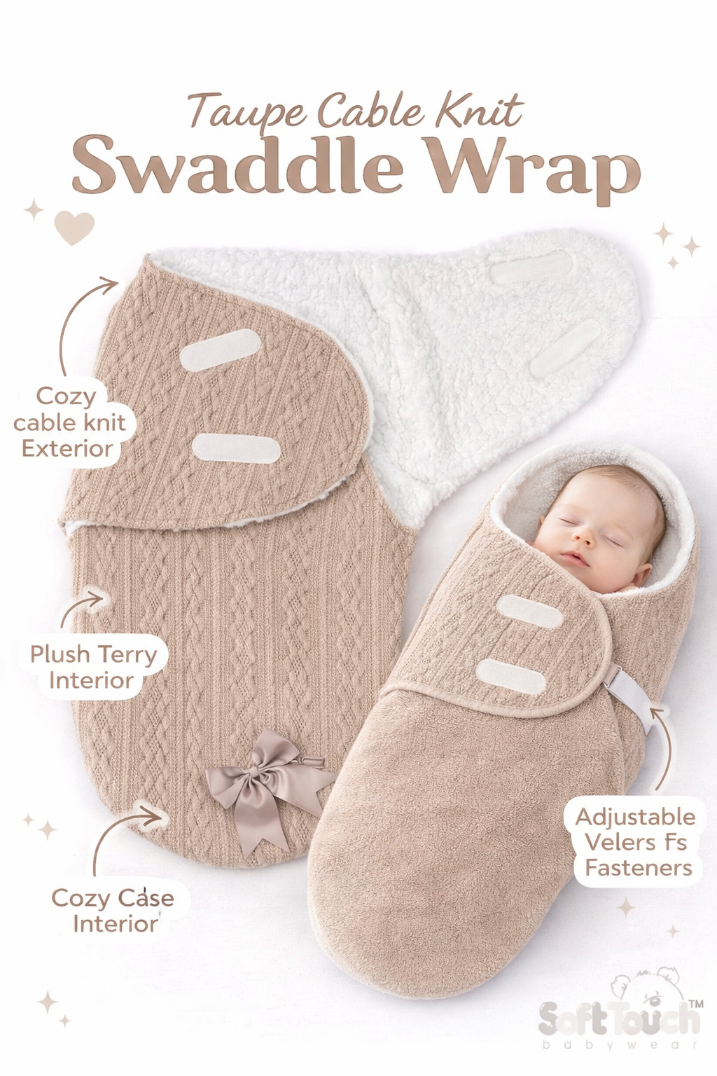 Taupe cable knit swaddle wrap with baby sleeping inside on a white background