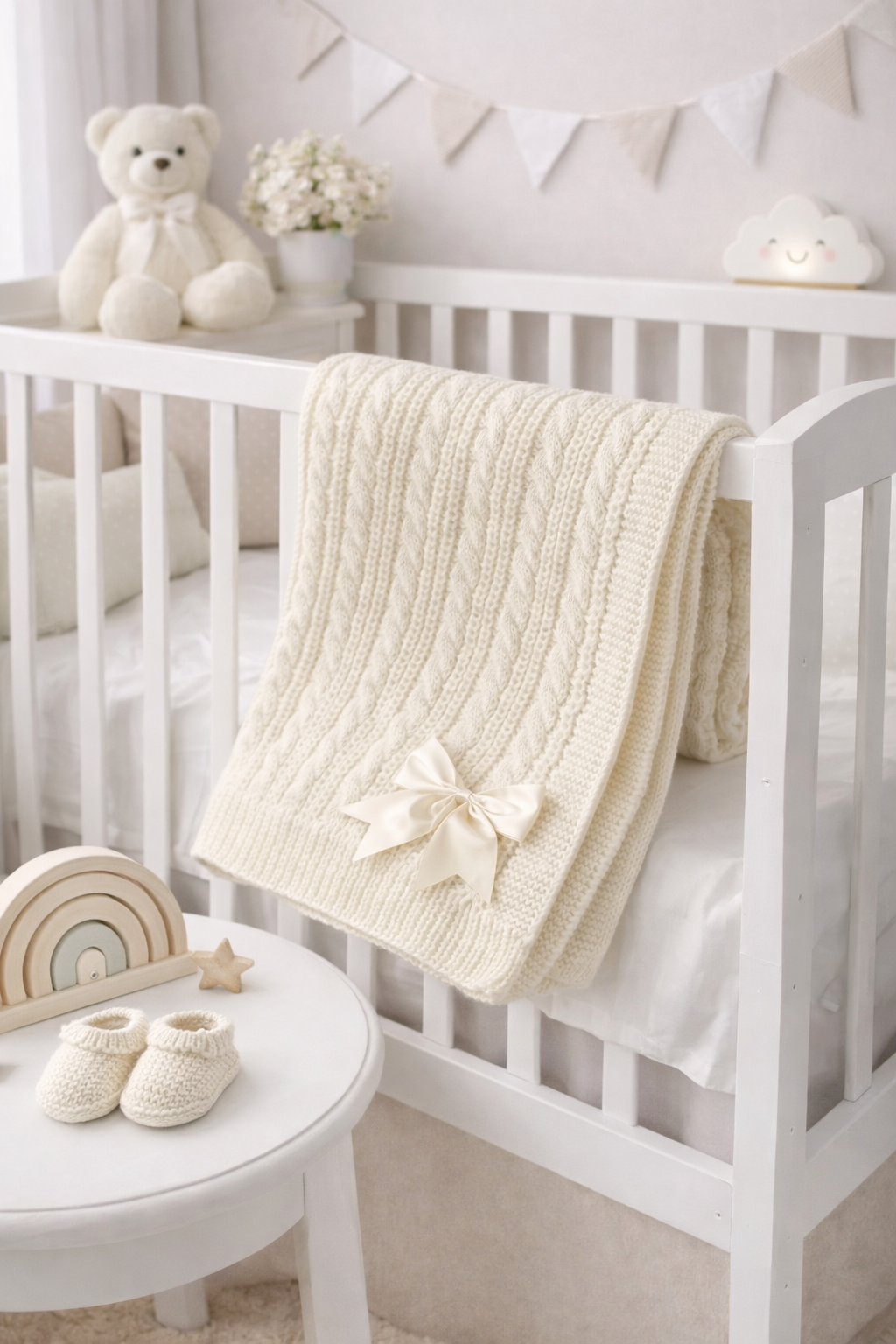 Nursery with white crib, teddy bear, and baby shoes in a bright room.