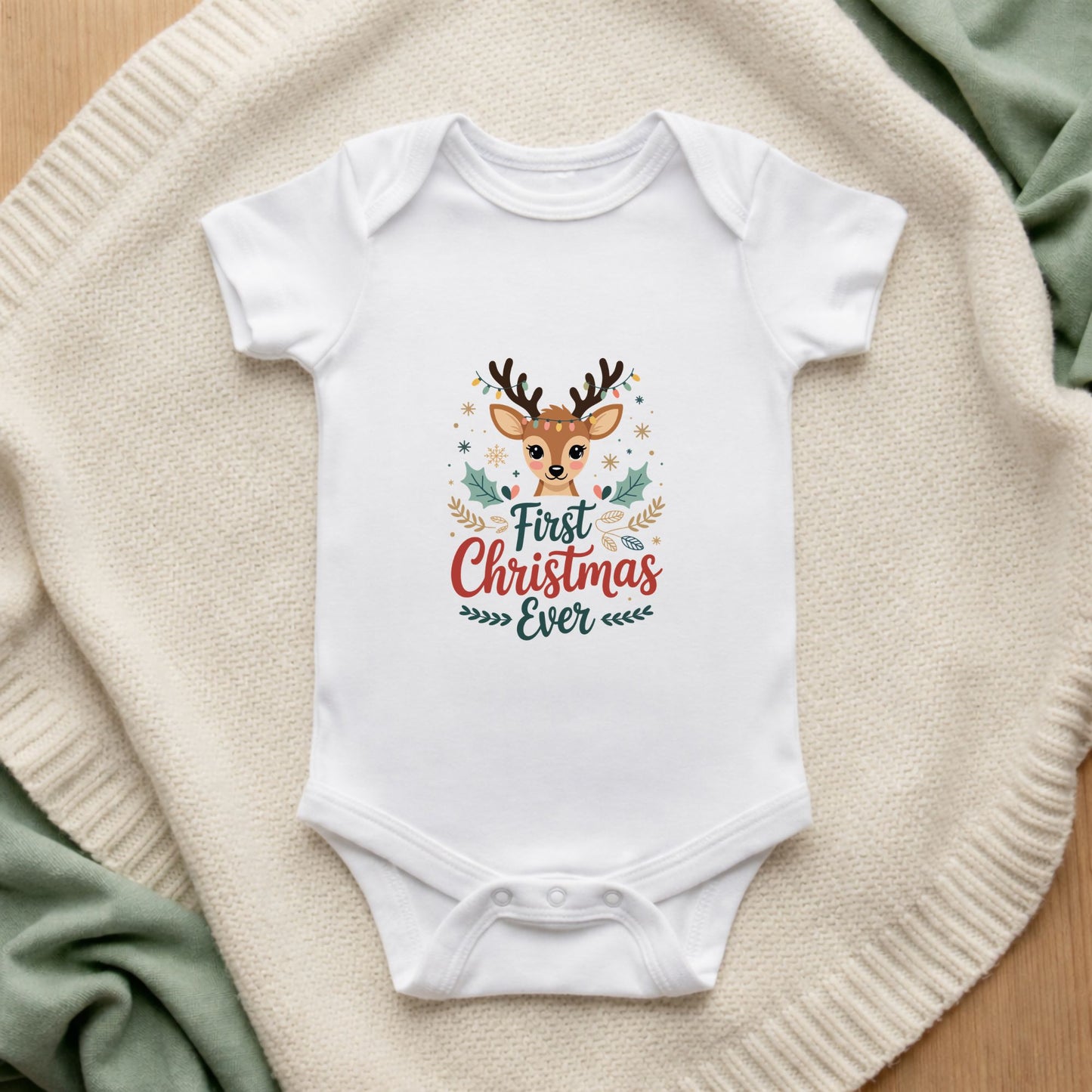 White baby onesie with a reindeer design and 'First Christmas Ever' text on a textured surface.