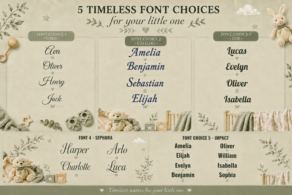A decorative typography chart titled '5 TIMELESS FONT CHOICES for your little one' showing five font style examples: Cintra, Oliver, Henry, Jack, Amelia, Benjamin, Sebastian, Elijah, Lucas, Evelyn, Oliver, Isabella, Harper, Charlotte, Arlo, Luca, Amelia, Elijah, Evelyn, William, Isabella, and Sophia. The layout uses a soft beige background with teddy bears, flowers, and baby gear illustrations.