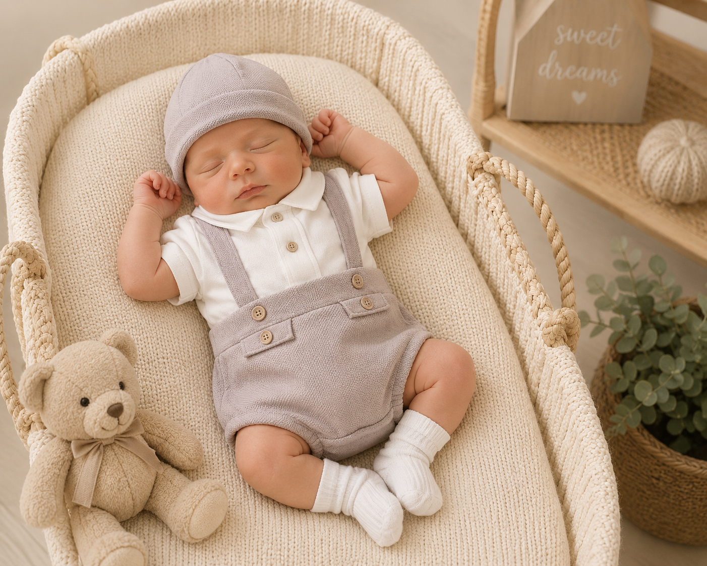 Newborn baby wearing grey Spanish 3-piece outfit with white polo shirt, braces shorts and matching flat cap