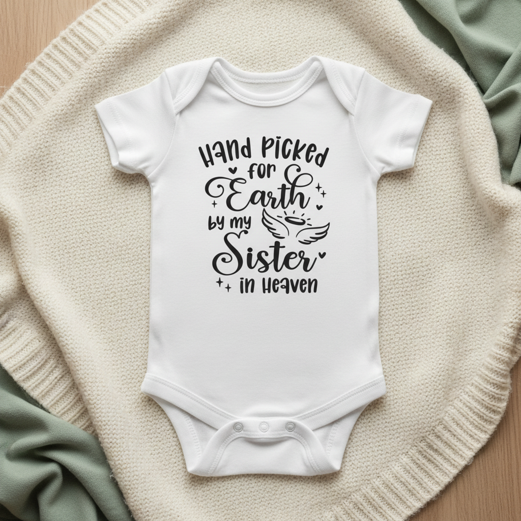 Handpicked for Earth by my Sister in Heaven baby bodysuit with angel wings print