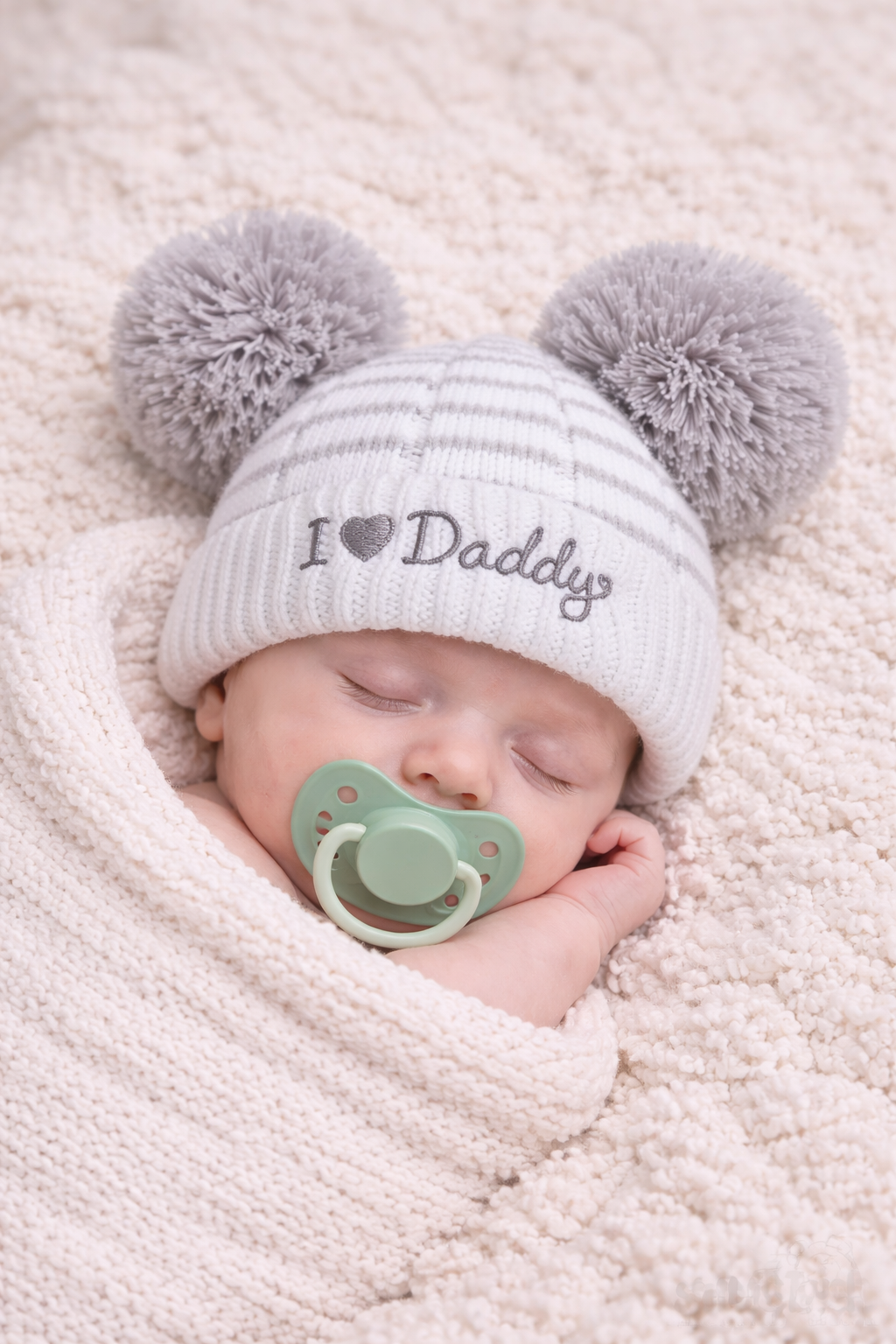 "I Love Daddy" White Striped Double Grey Pom Pom Hat – Newborn to 12 Months