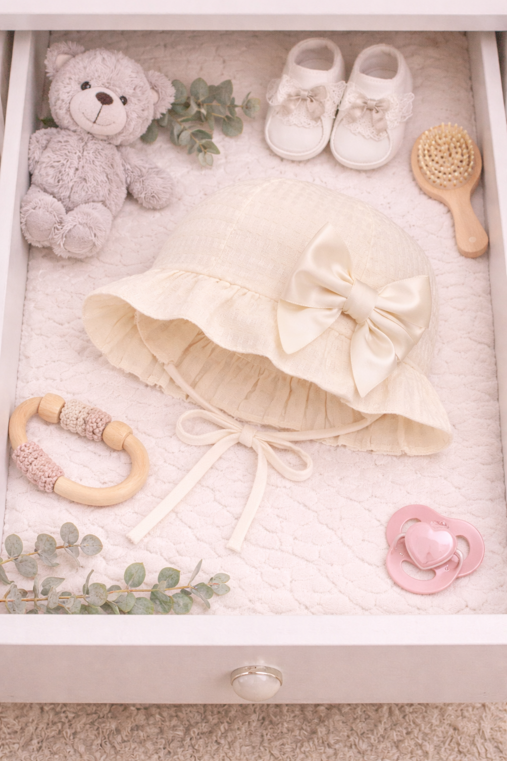 Baby items including a teddy bear, shoes, hat, rattle, and pacifier arranged in an open drawer.
