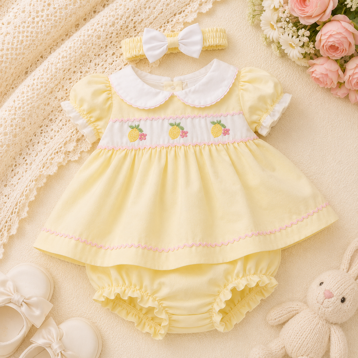 Yellow baby dress with white collar, matching headband, and bloomers on a soft surface with flowers and toys.