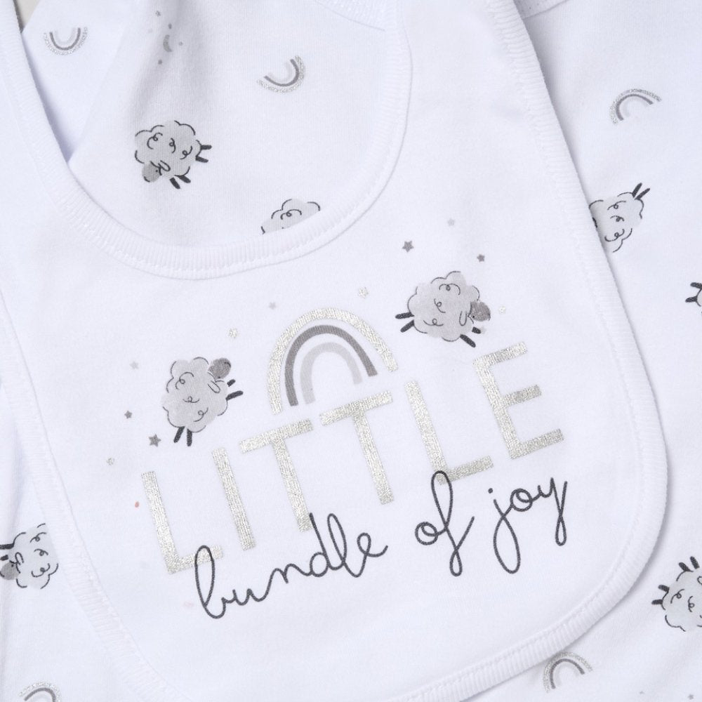 Baby bib with 'Little bundle of joy' text and cloud designs on a white background