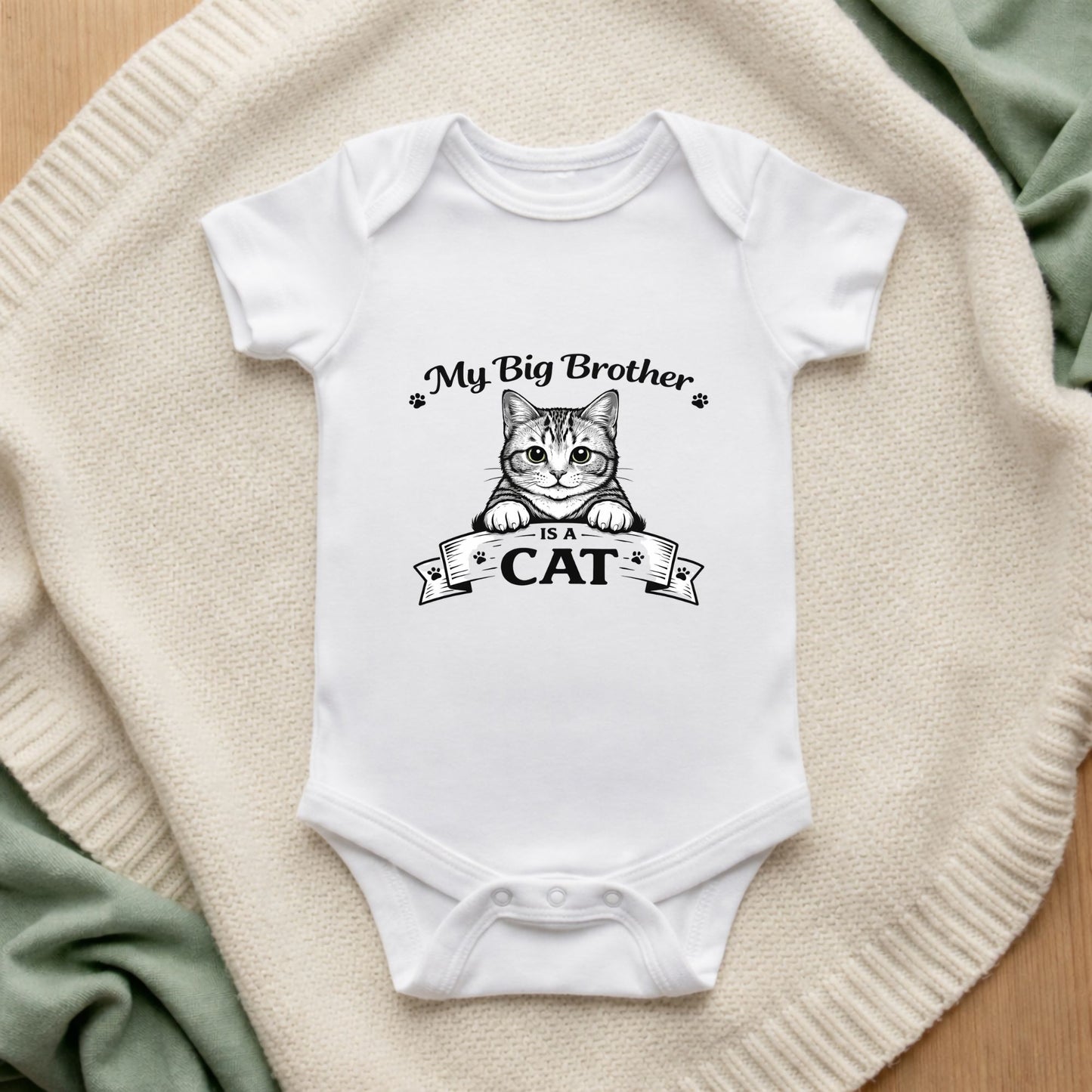 White baby onesie with a cat illustration and text on a textured surface My Big Brother is a Cat Baby Bodysuit
