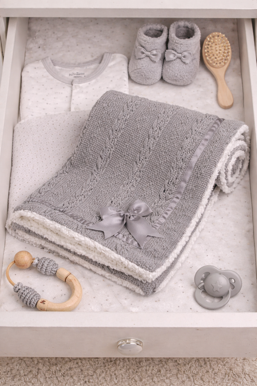 Gray baby blanket with bow, baby shoes, teether, and pacifier in a drawer.