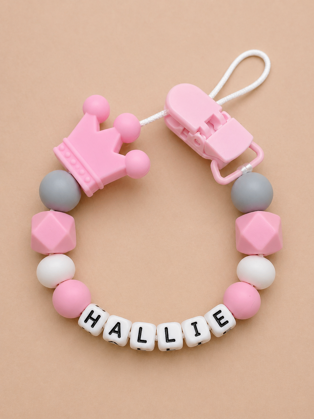 Personalised Crown Dummy Clip - Pink & Grey