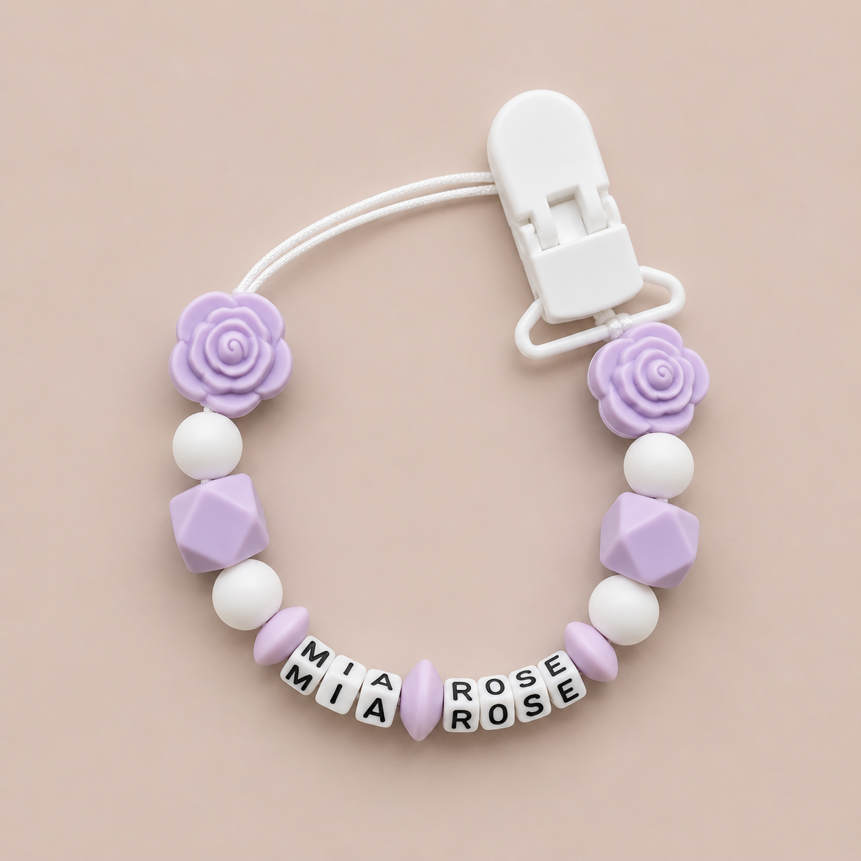 Personalised Lilac Rose Flower Dummy Clip (Plastic Letter Design)