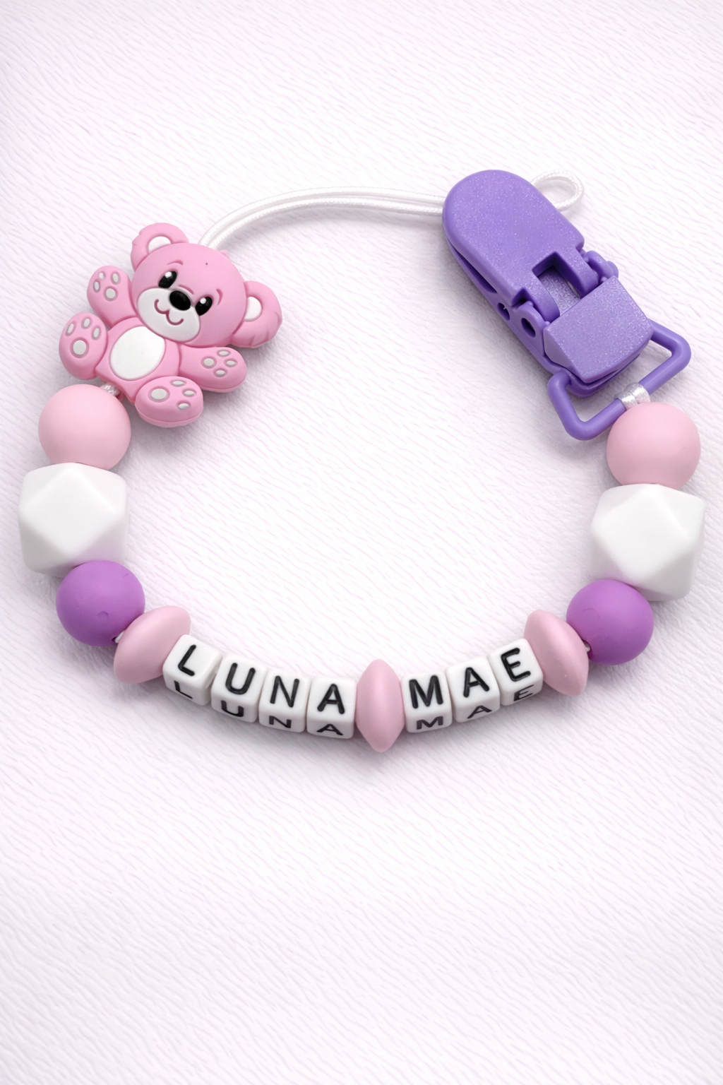 lilac, purple and white dummy clip personalised