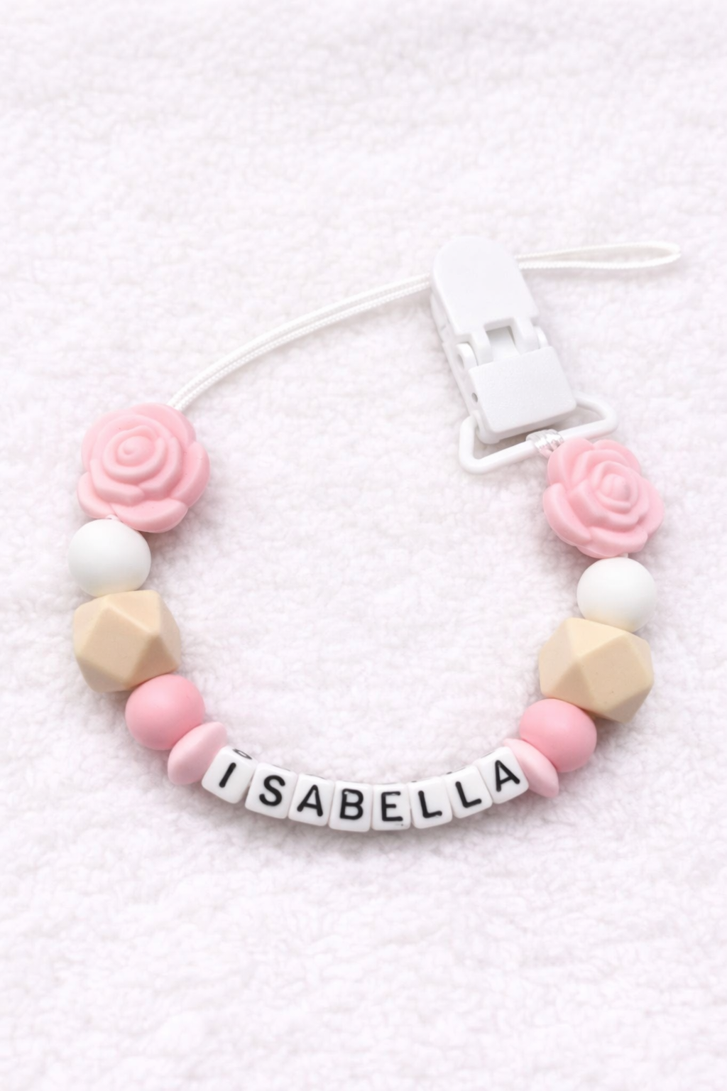 Personalised Pink & Cream Rose Flower Dummy Clip (Small Plastic Letter Design)