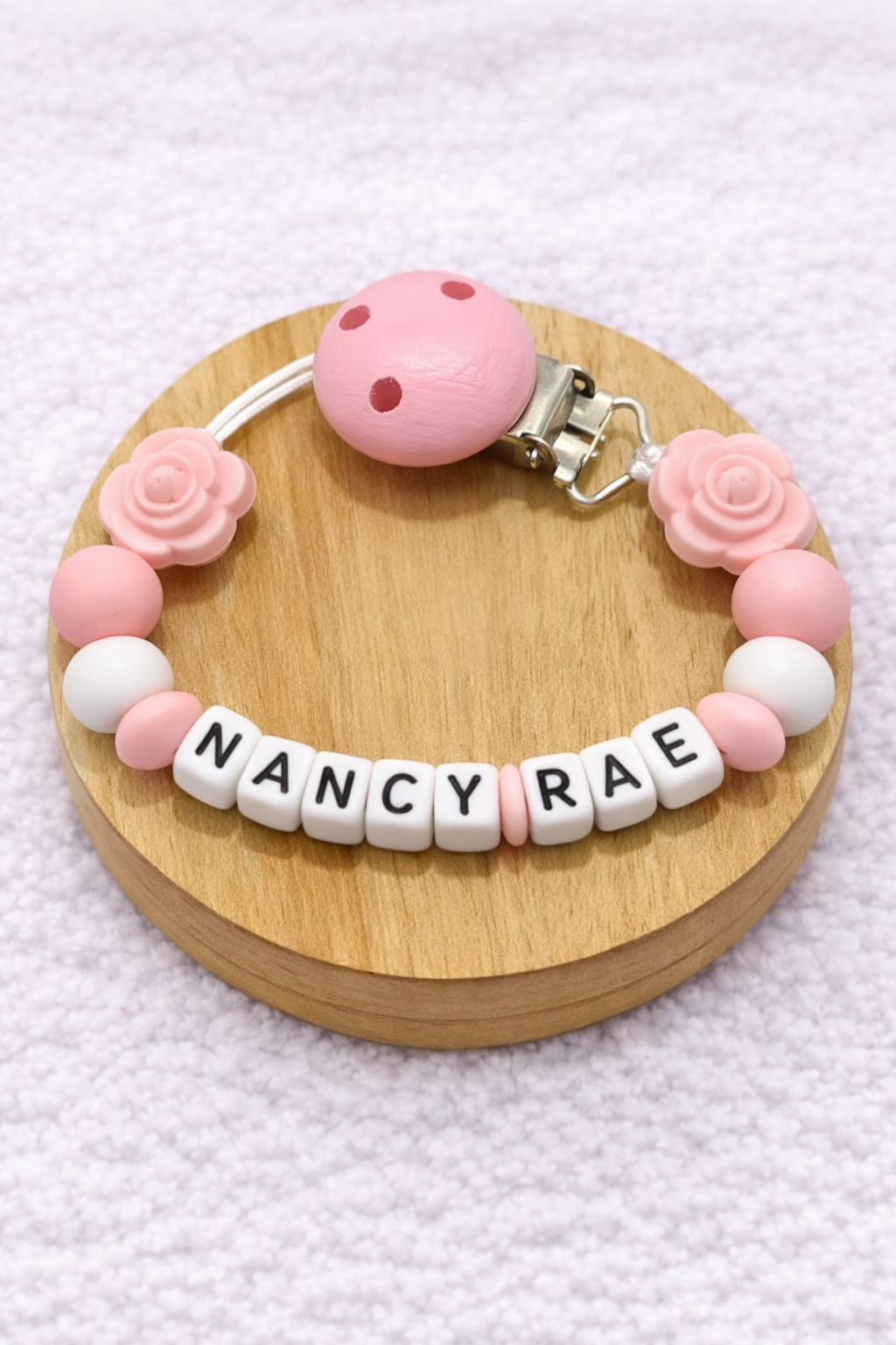 Personalised Pink Rose Flower Dummy Clip (Small Plastic Letter Design)