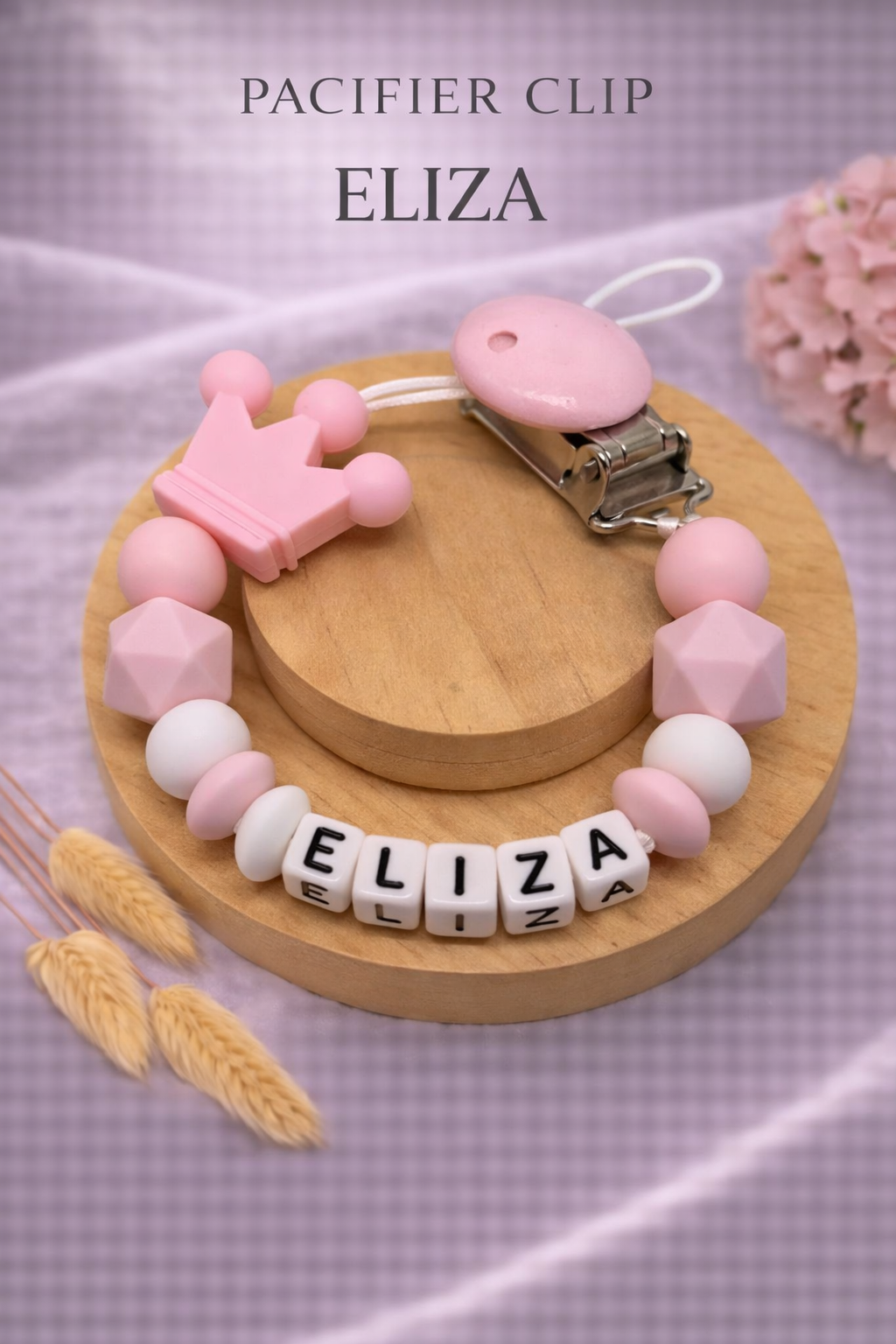 Personalised Soft Pink Crown Dummy Clip (Small Plastic Letter Design)