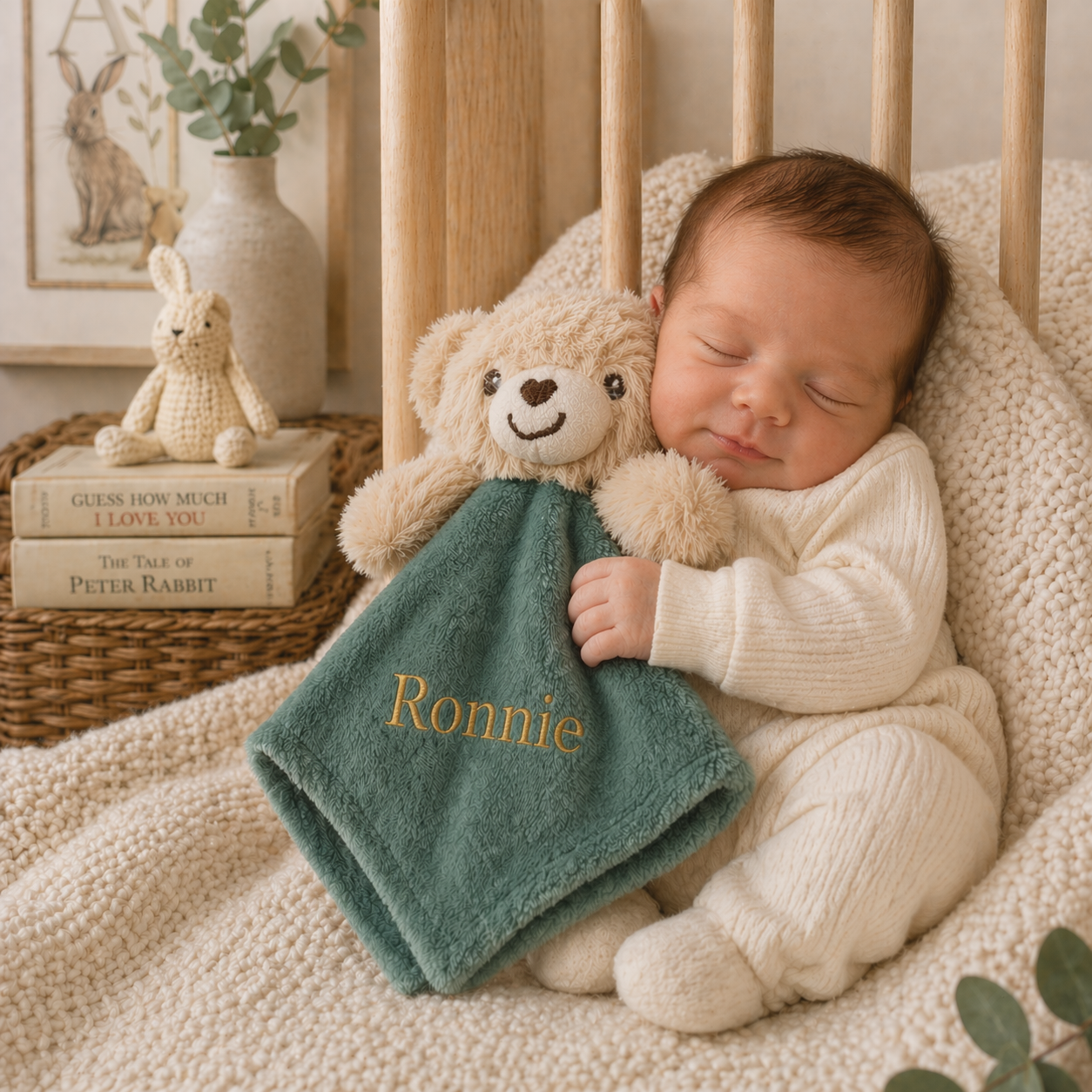 Newborn baby sleeping with a teddy bear and a blanket named 'Ronnie' in a crib.