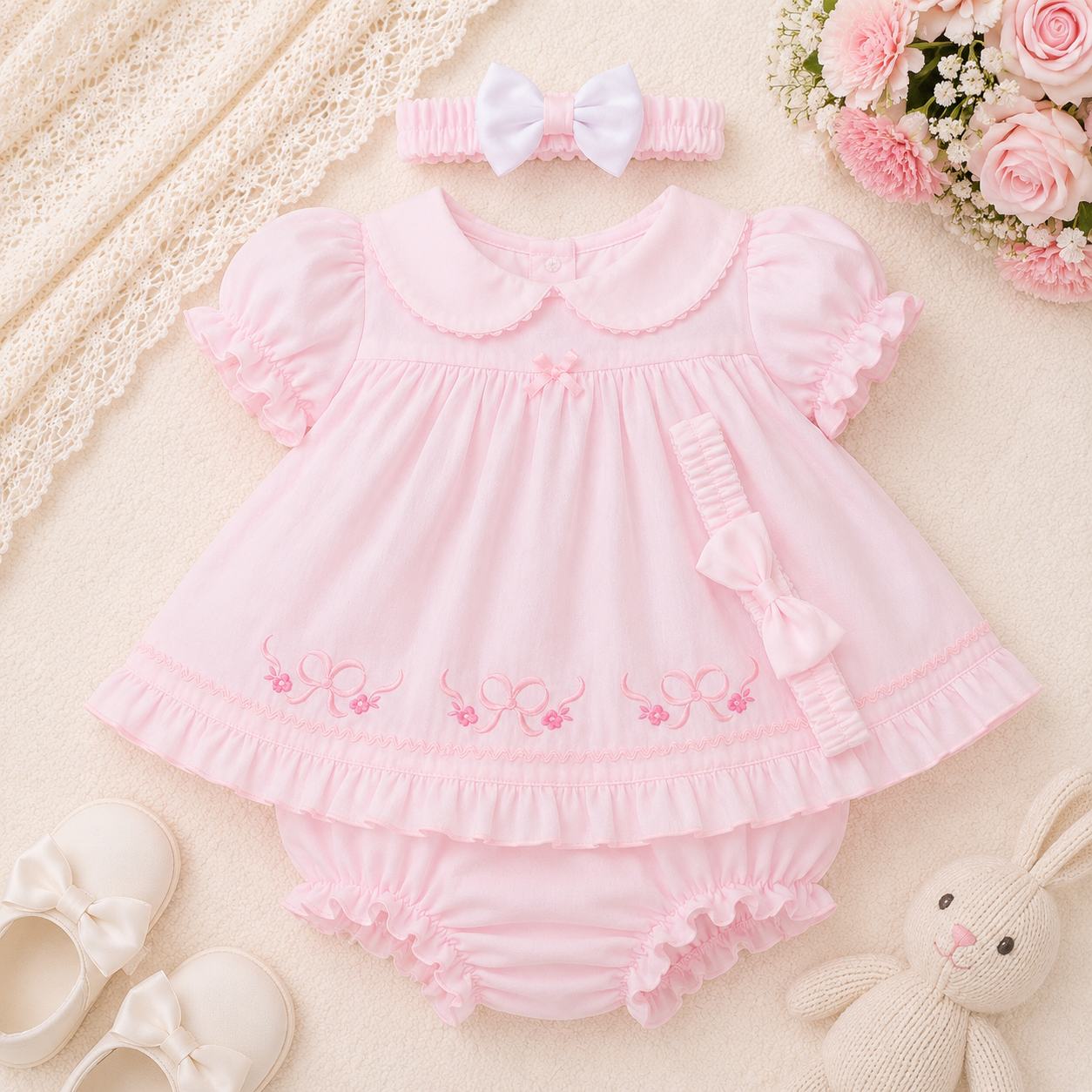 Pink baby dress with matching headband and shoes on a beige background