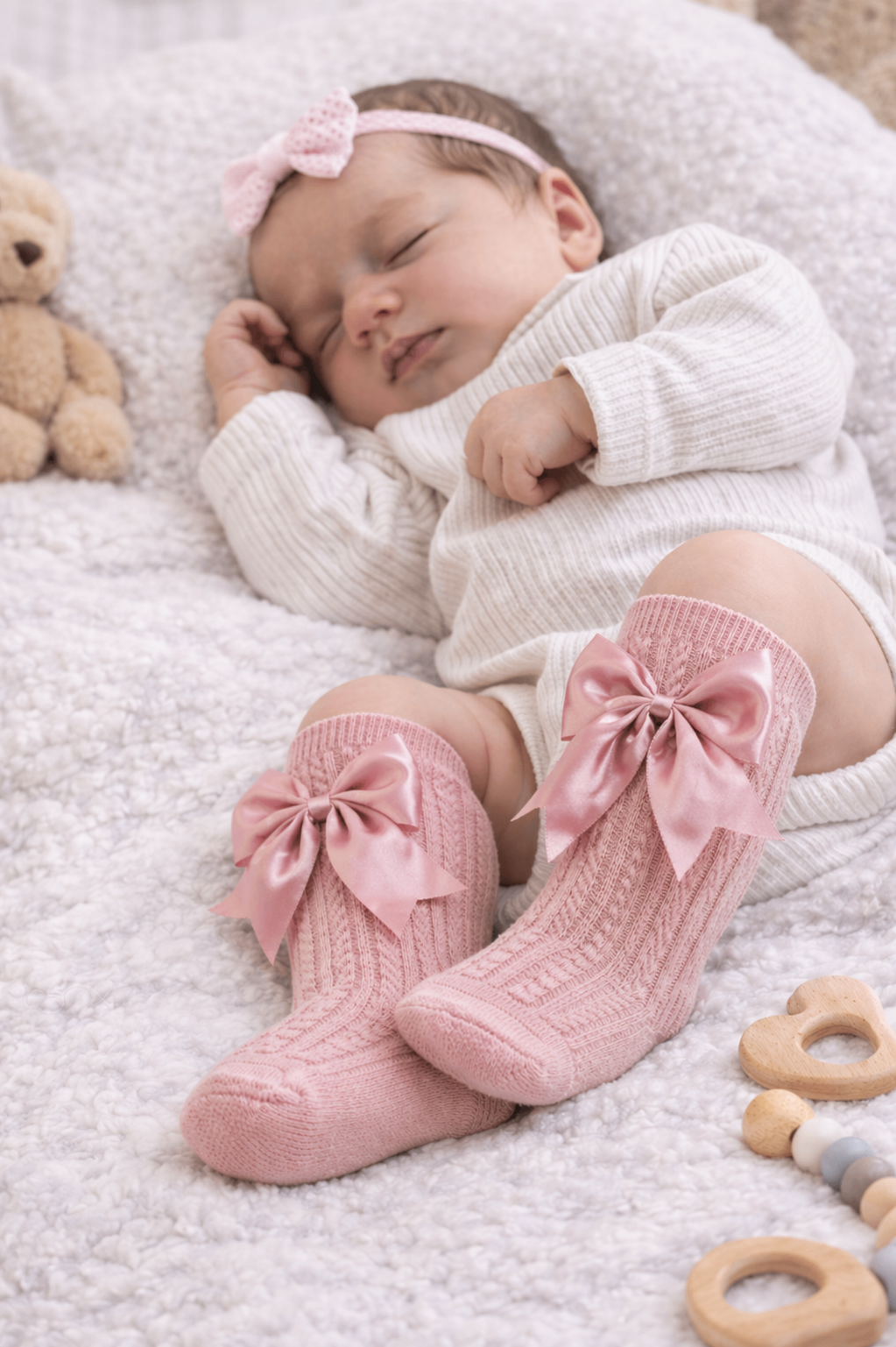 Newborn baby wearing pink socks with bows, lying on a soft surface with toys around.