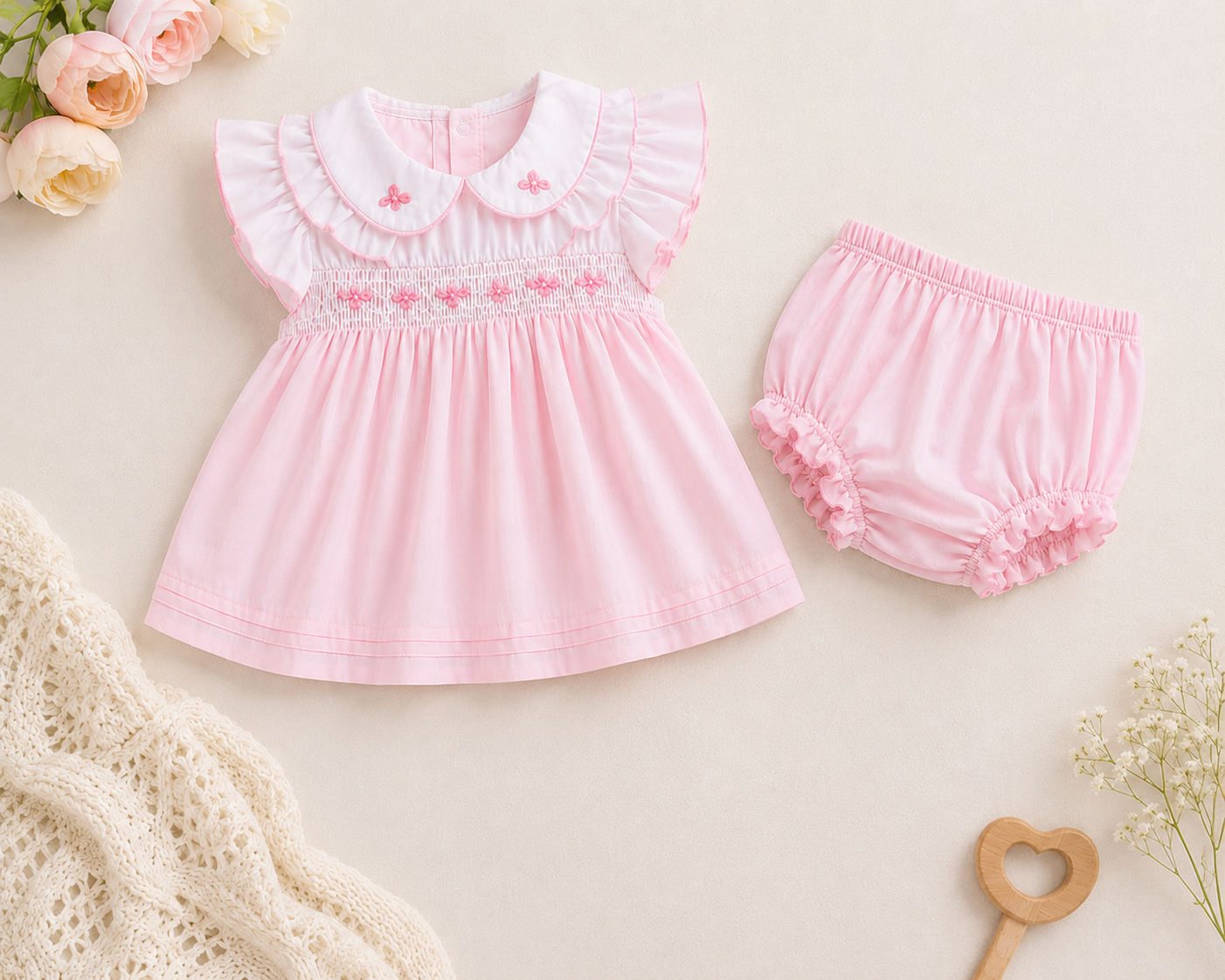 Pink baby dress and bloomers on a light background with flowers and lace.