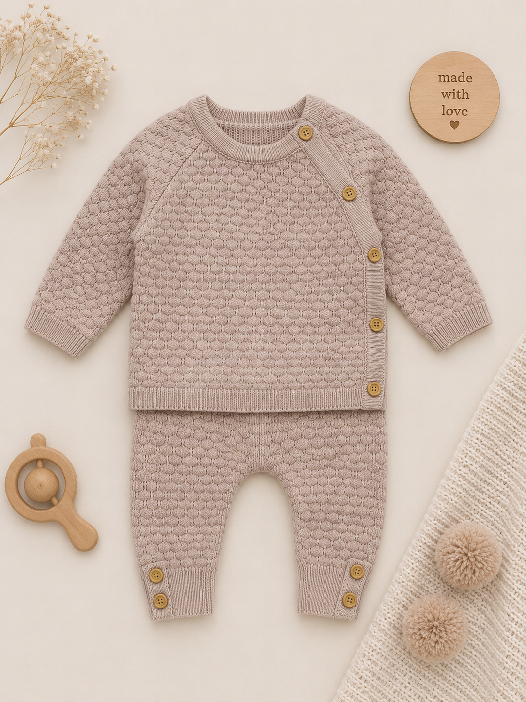 Knitted baby outfit with buttons on a light background
