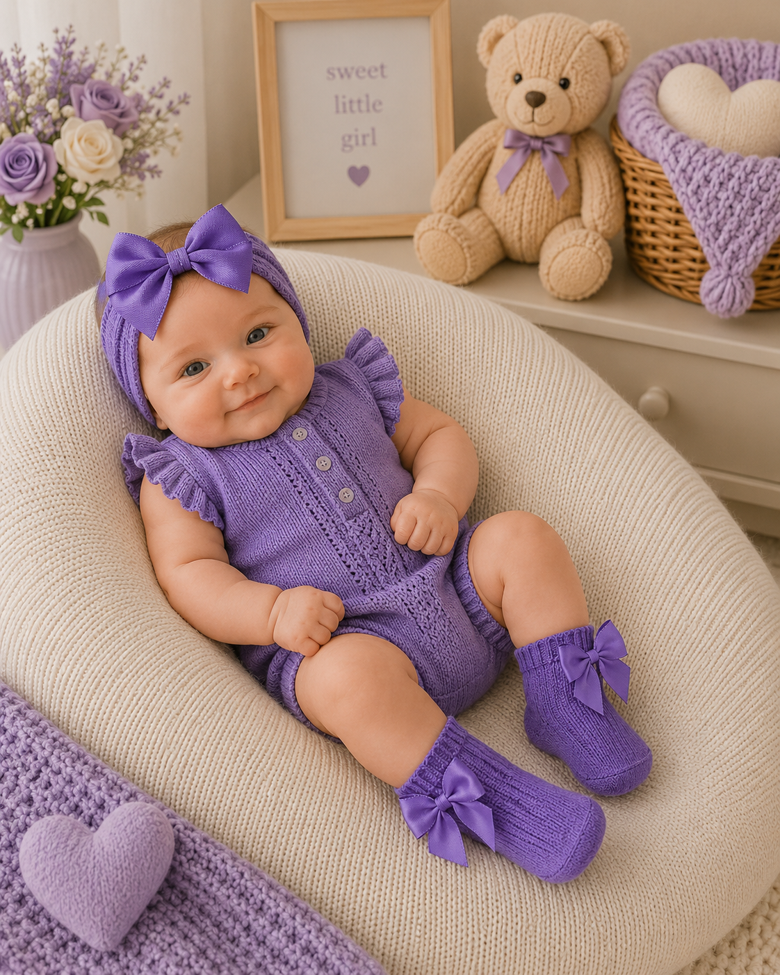 Baby in purple outfit with matching headband and socks, surrounded by decorative items.