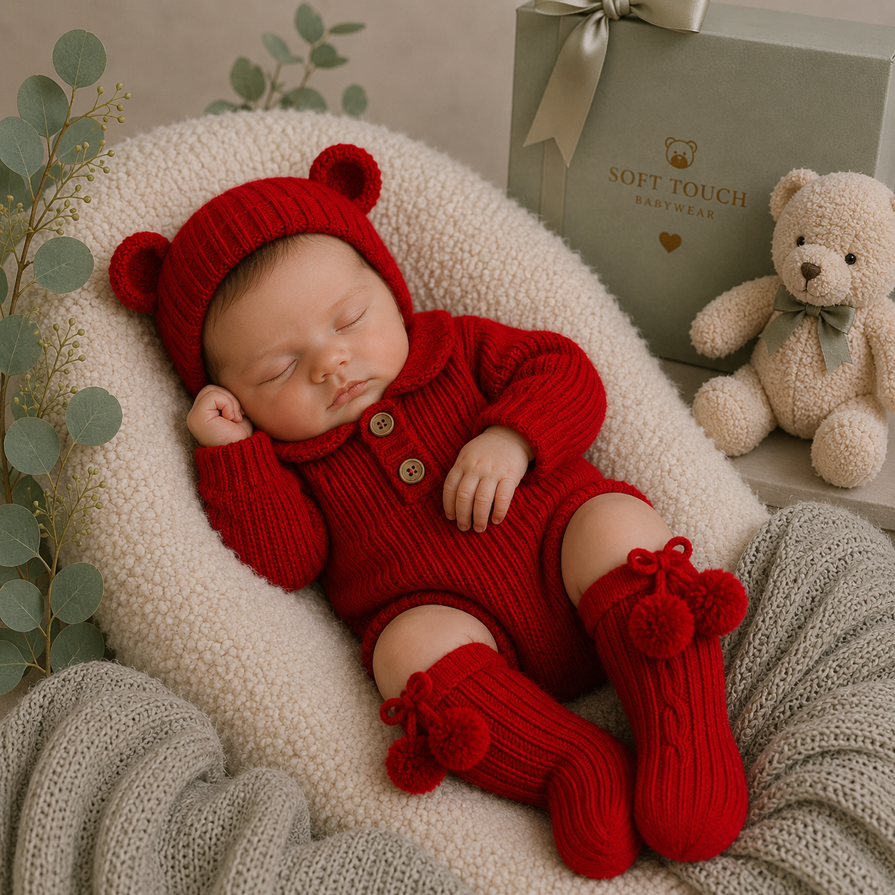 Newborn baby in a red outfit with bear ears, sitting on a soft surface with a teddy bear and gift box in the background.