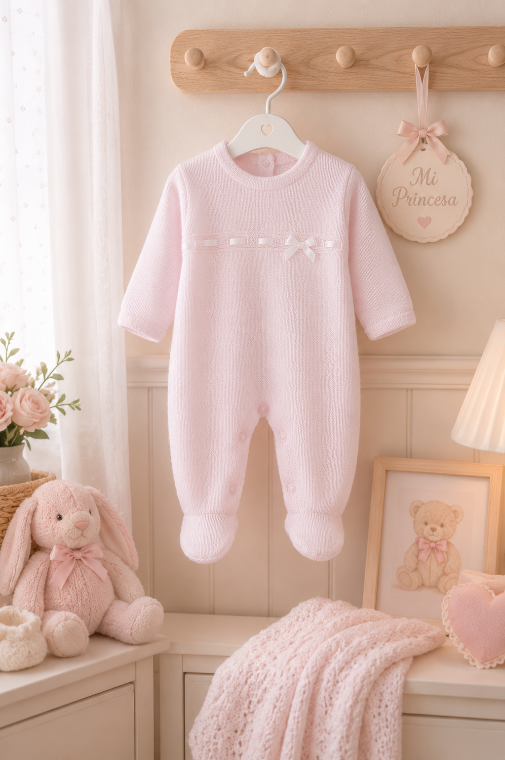 Pink baby onesie hanging on a hook in a nursery with teddy bear and bunny toy.