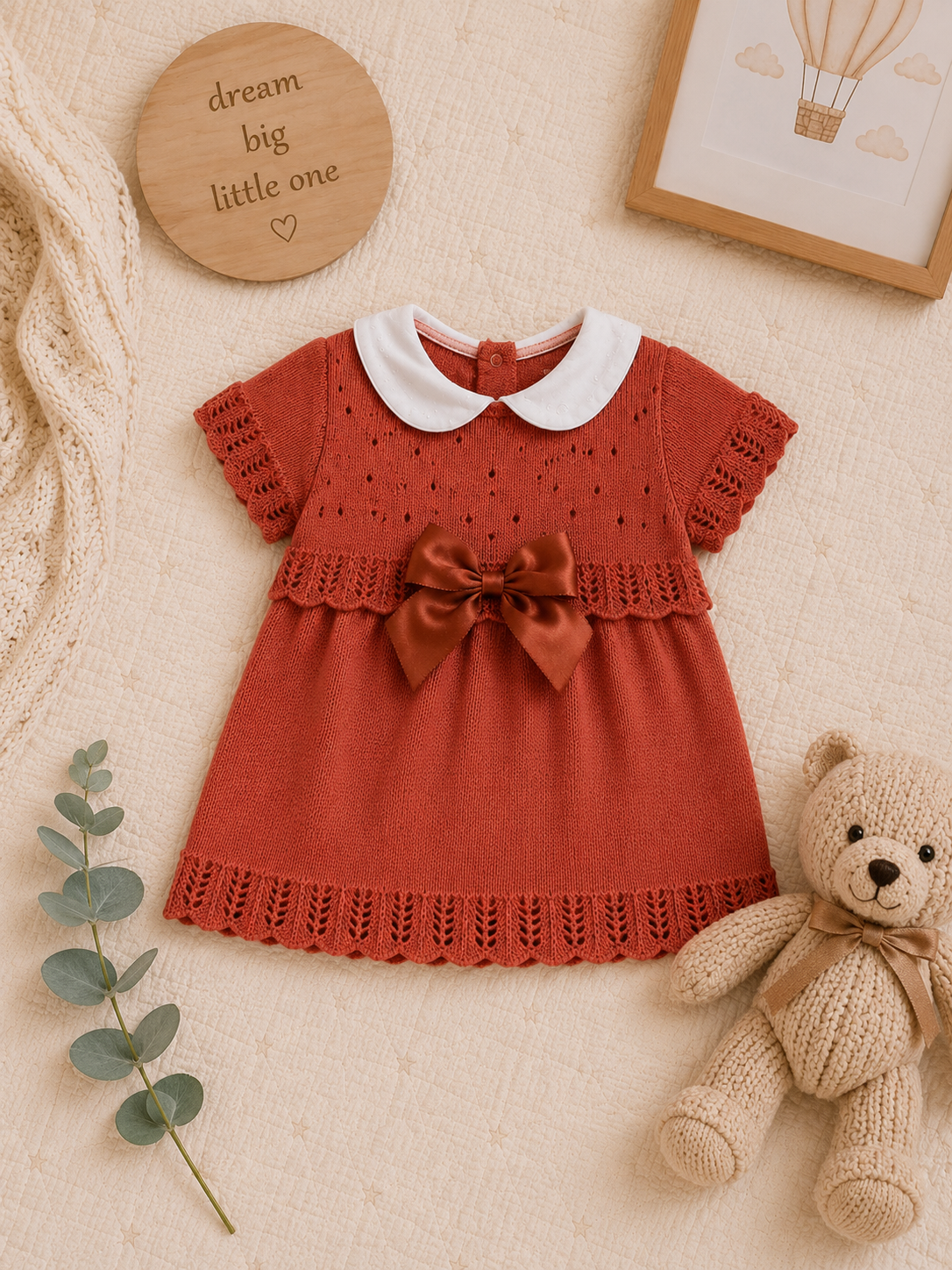 Red baby dress with white collar and bow, accompanied by a teddy bear and decorative elements on a beige background.