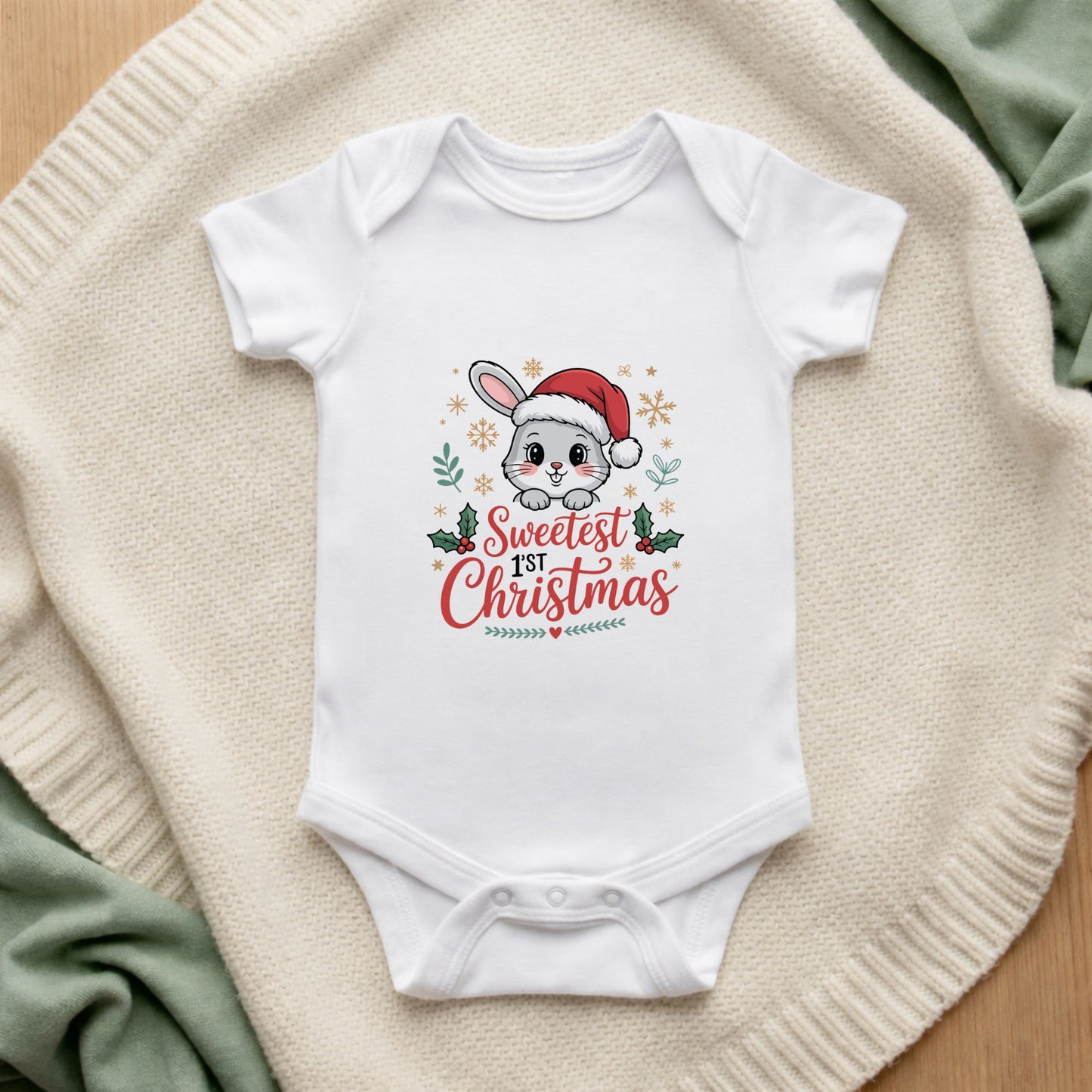 White baby onesie with a Christmas-themed design on a textured surface