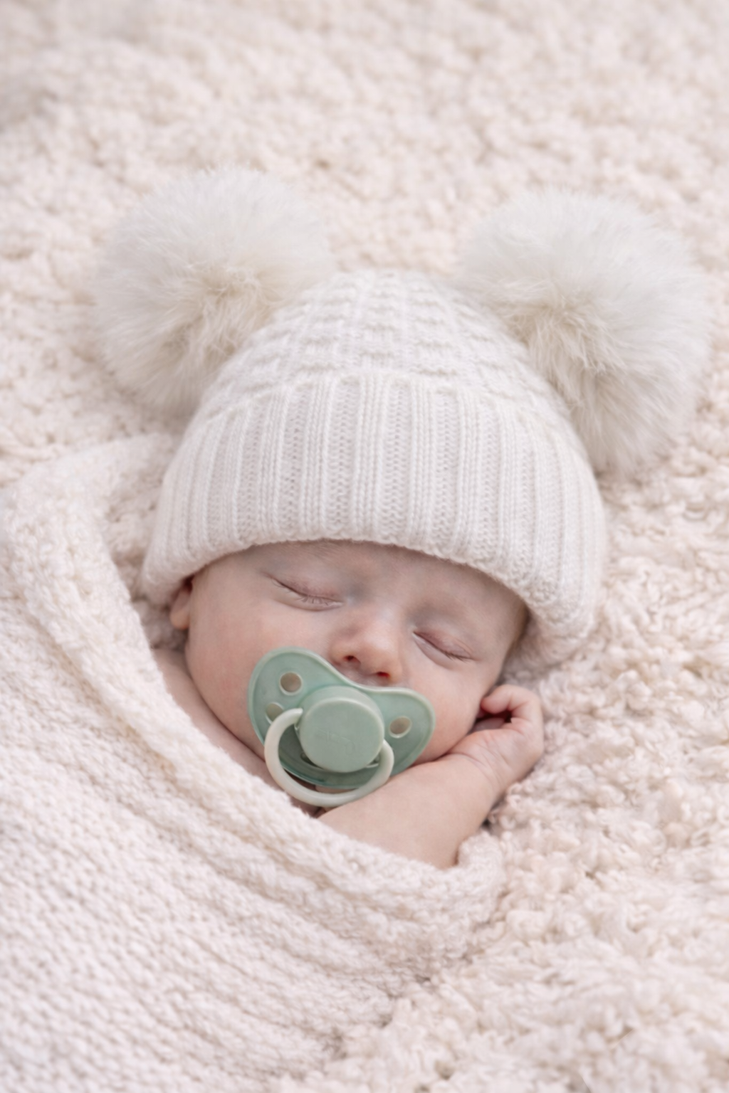 White Double Fluffy Pom Hat β Newborn to 12 Months