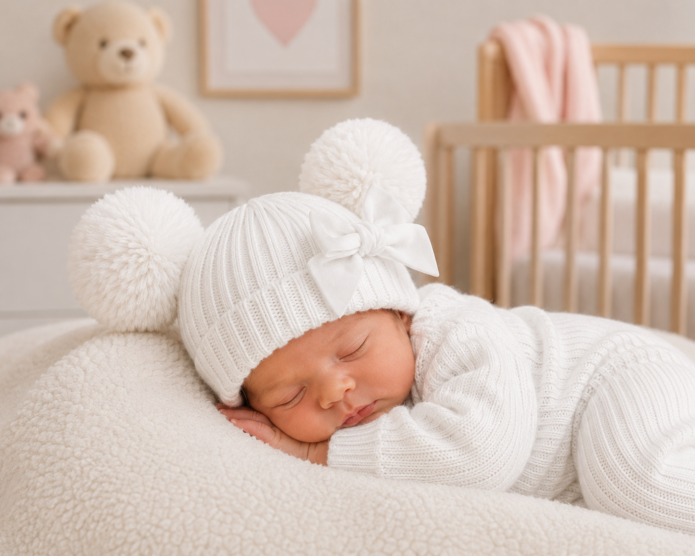 Newborn baby sleeping in a crib with white bedding and a white knit hat.
