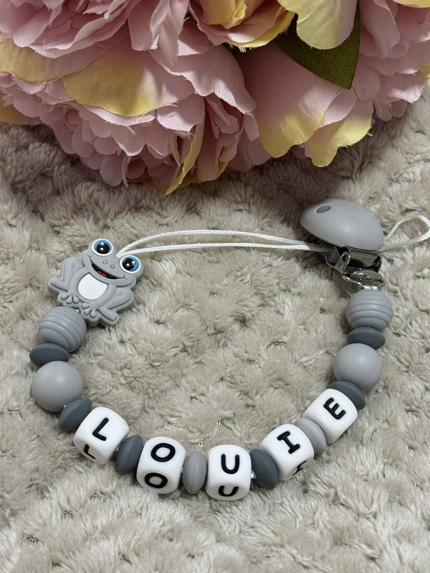 Grey Frog Dummy Clip - Custom Silicone Pacifier Holder (Silicone Letter Design)