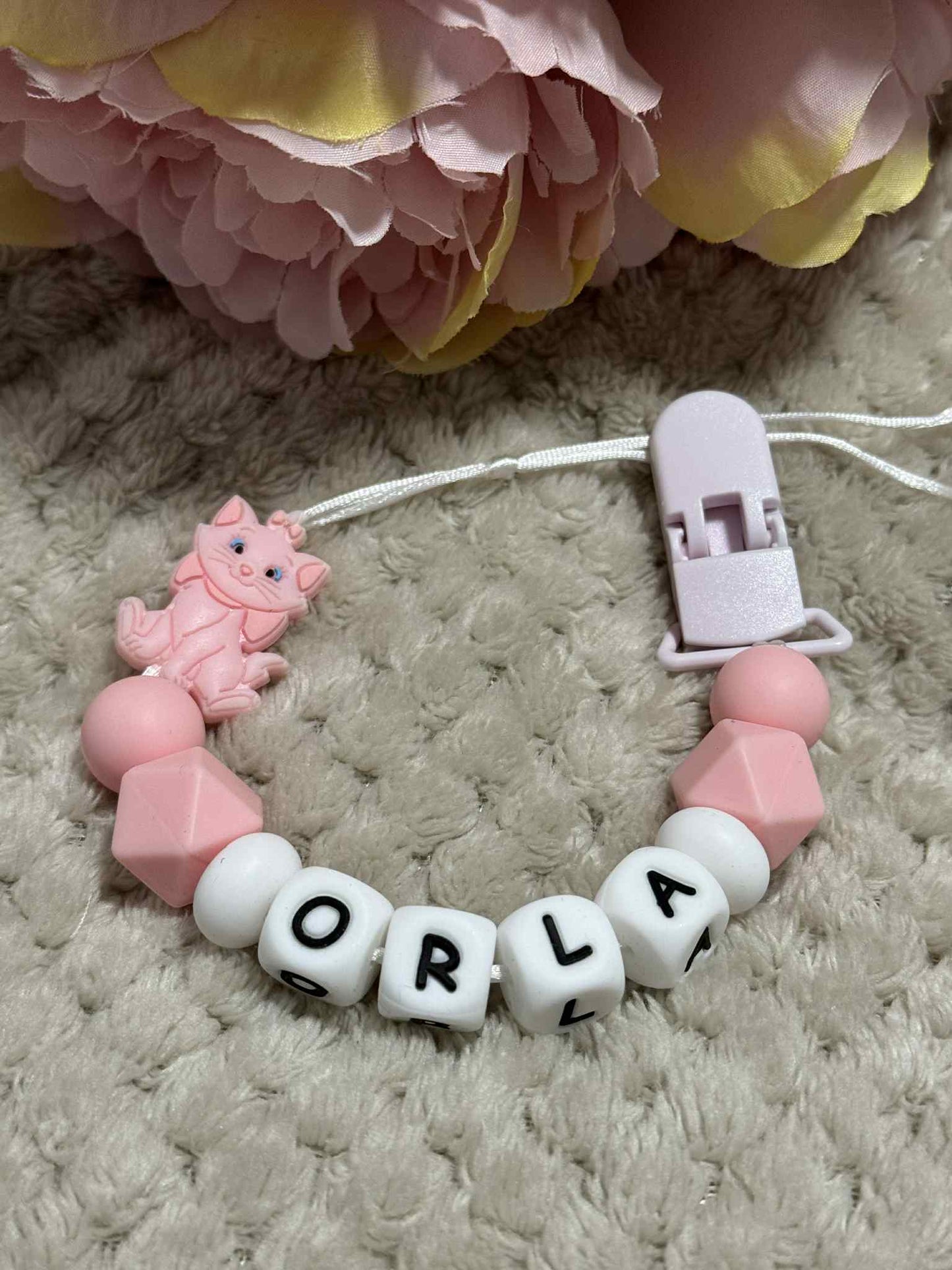Pink Cat Dummy Clip - Custom Silicone Pacifier Holder (Silicone Letter Design)