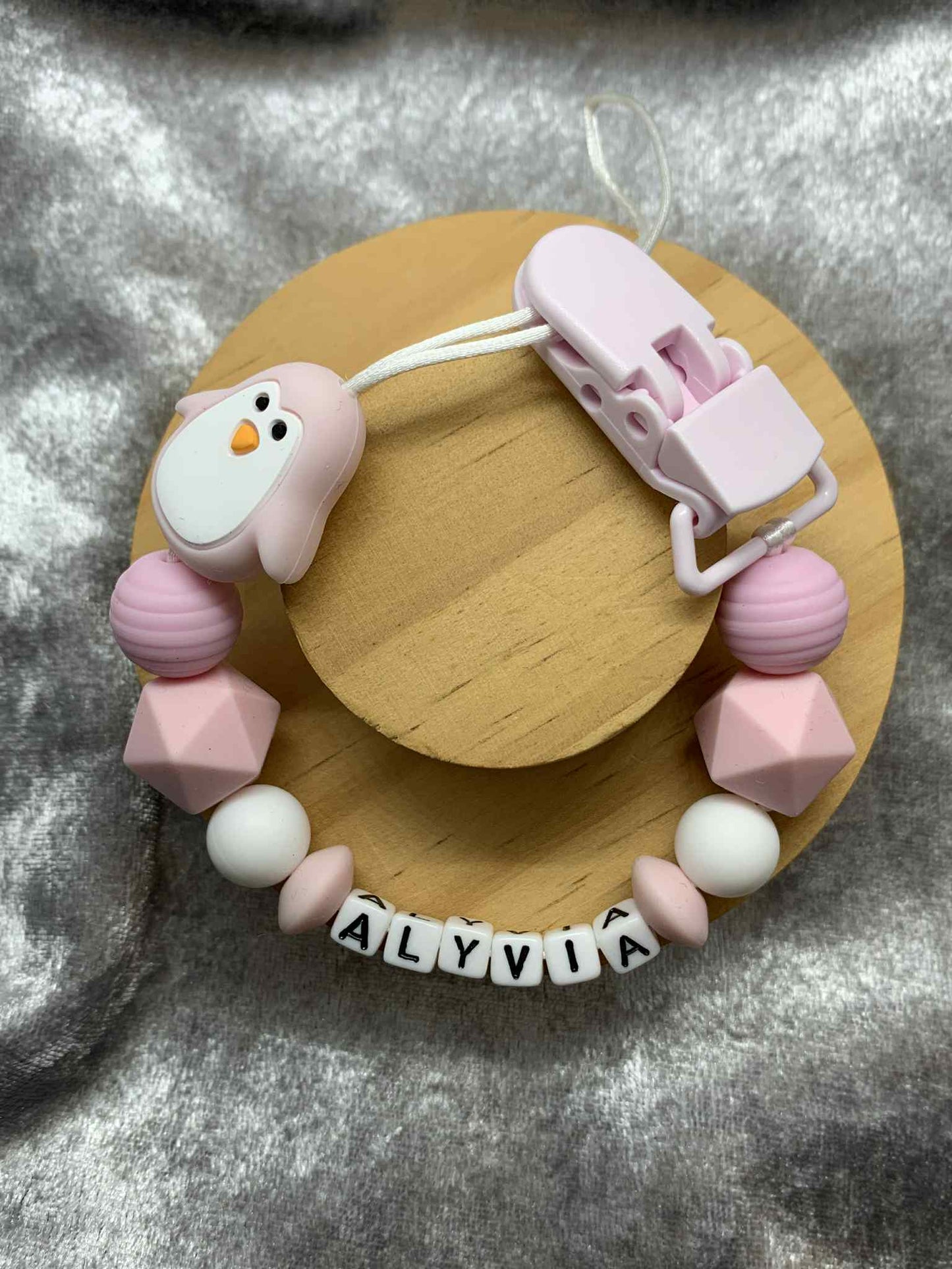 Blush Pink Penguin Dummy Clip - Custom Silicone Pacifier Holder (Plastic Letter Design)