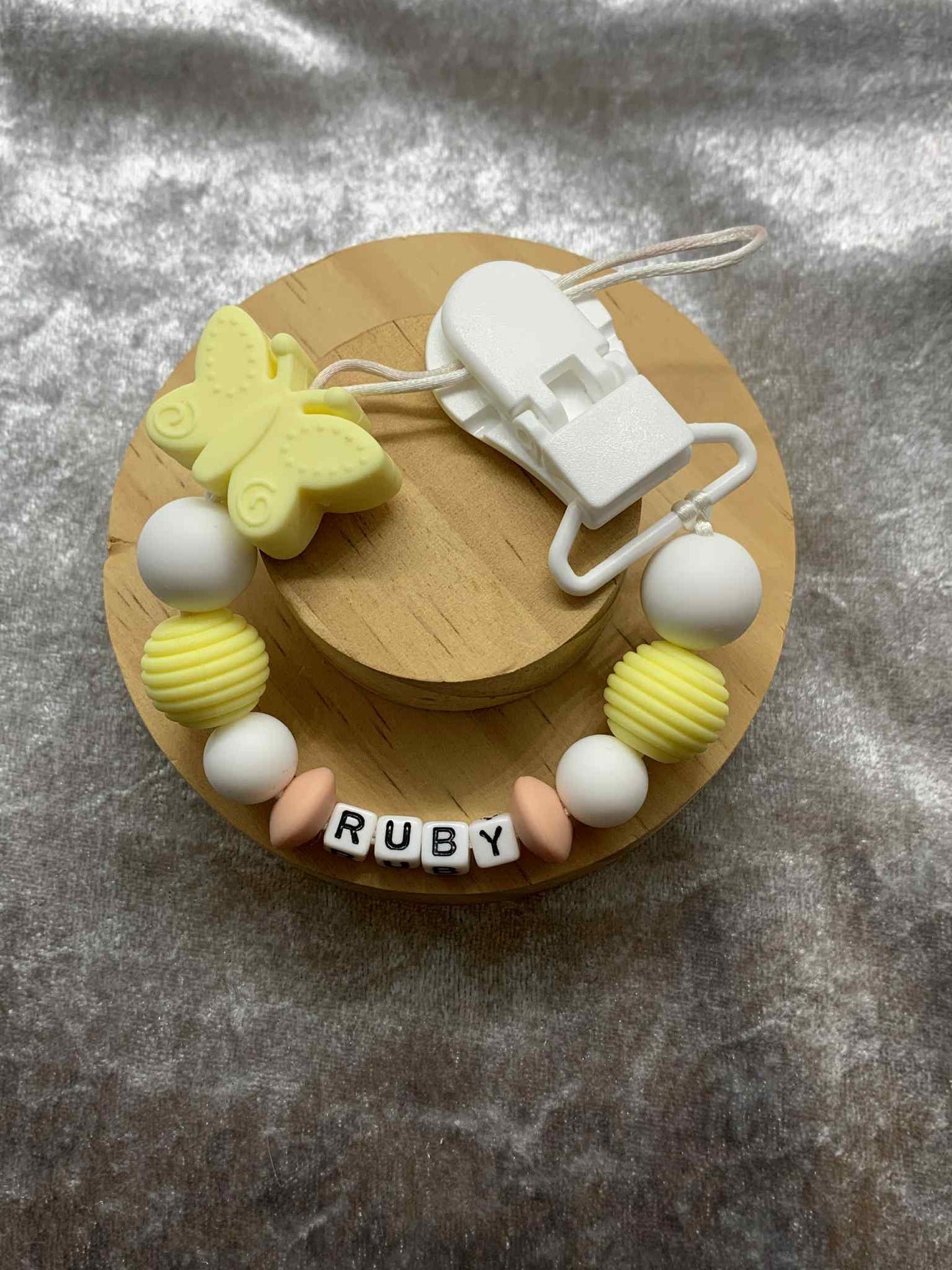 Yellow Butterfly Dummy Clip - Custom Silicone Pacifier Holder (Plastic Letter Design)